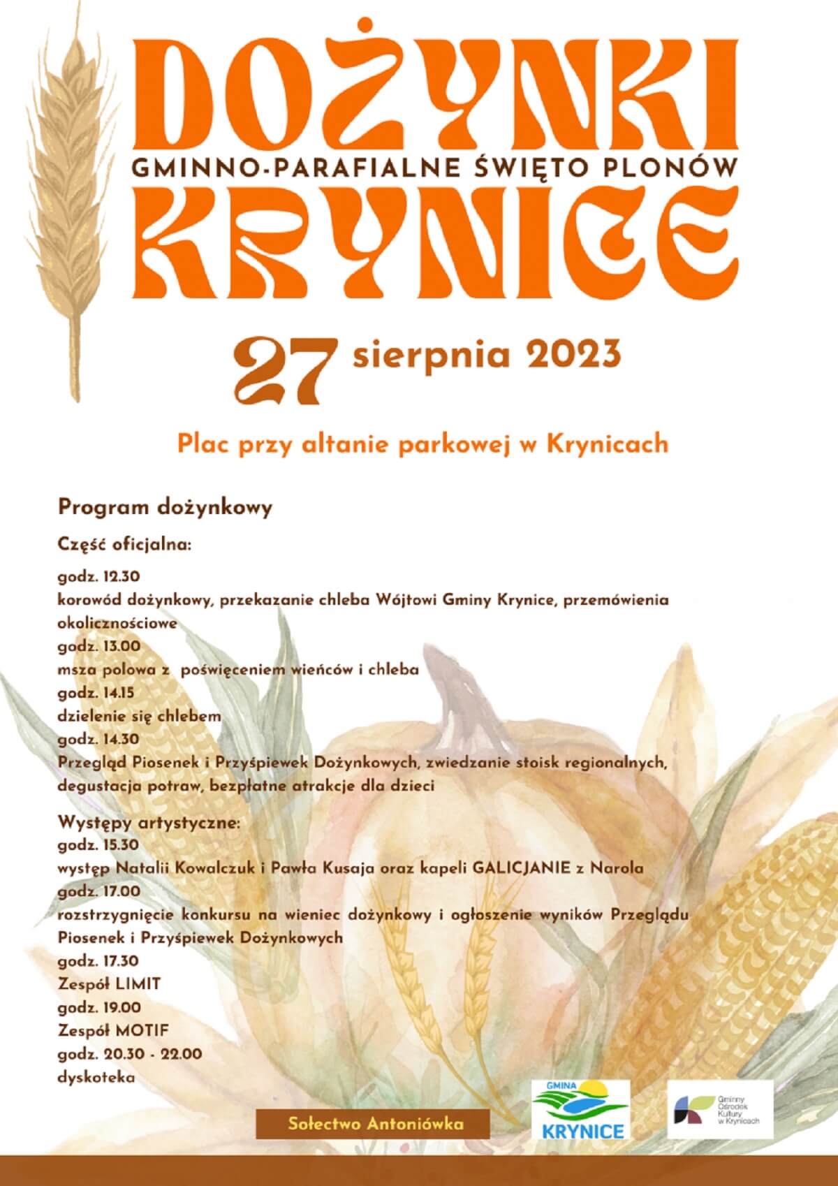Dożynki w Krynicach 2023. Wystąpią: MOTIF, LIMIT 1 Dożynki w Krynicach 2023 - plakat, program wydarzenia