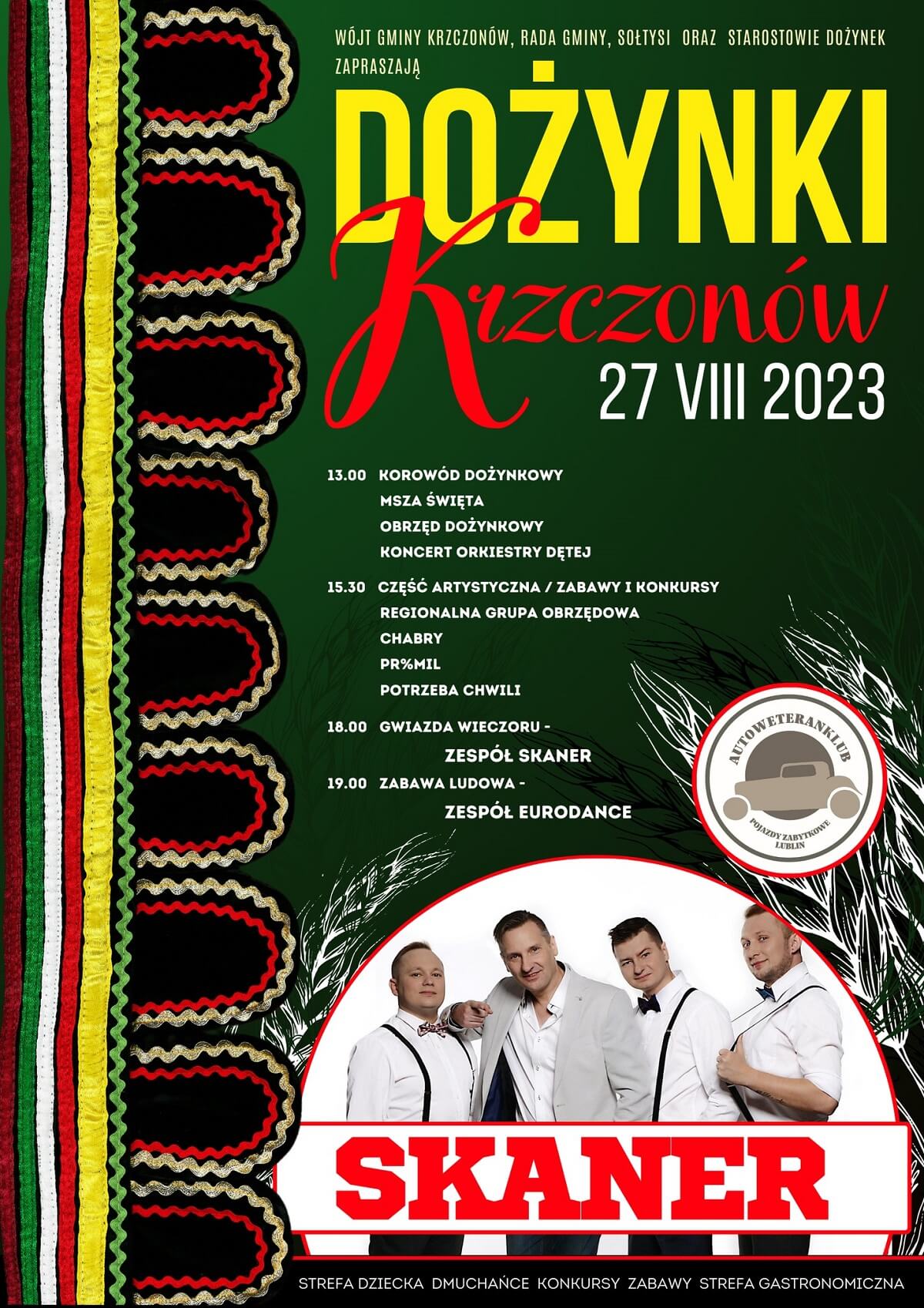 Dożynki w Krzczonowie 2023. Gwiazda wieczoru zespół Skaner 1 Dożynki w Krzczonowie 2023 - plakat, program wydarzenia