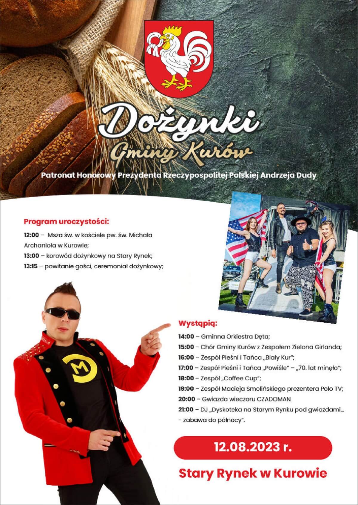 Dożynki w Kurowie 2023. Wystąpią: Czadoman, Maciej Smoliński 1 Dożynki w Kurowie 2023 - plakat, program wydarzenia