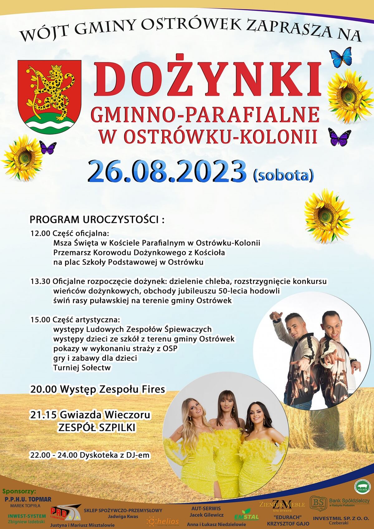 Dożynki w Ostrówku 2023. Gwiazdą imprezy zespół Szpilki 1 Dożynki w Ostrówku-Kolonii 2023 - plakat, program wydarzenia