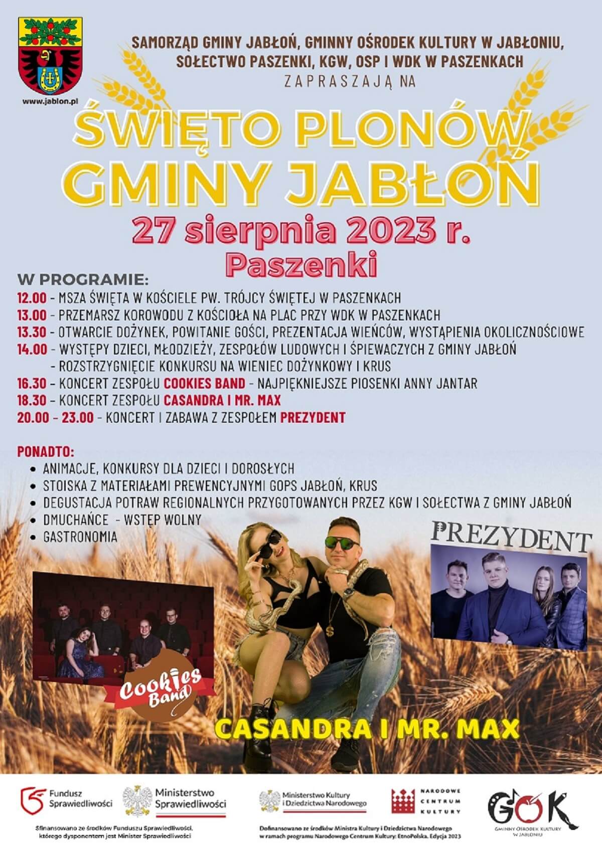 Dożynki w Paszenkach 2023. Wystąpią: Casandra i Mr. Max, Prezydent, Cookies Band 1 Dożynki w Paszenkach 2023 - plakat, program wydarzenia