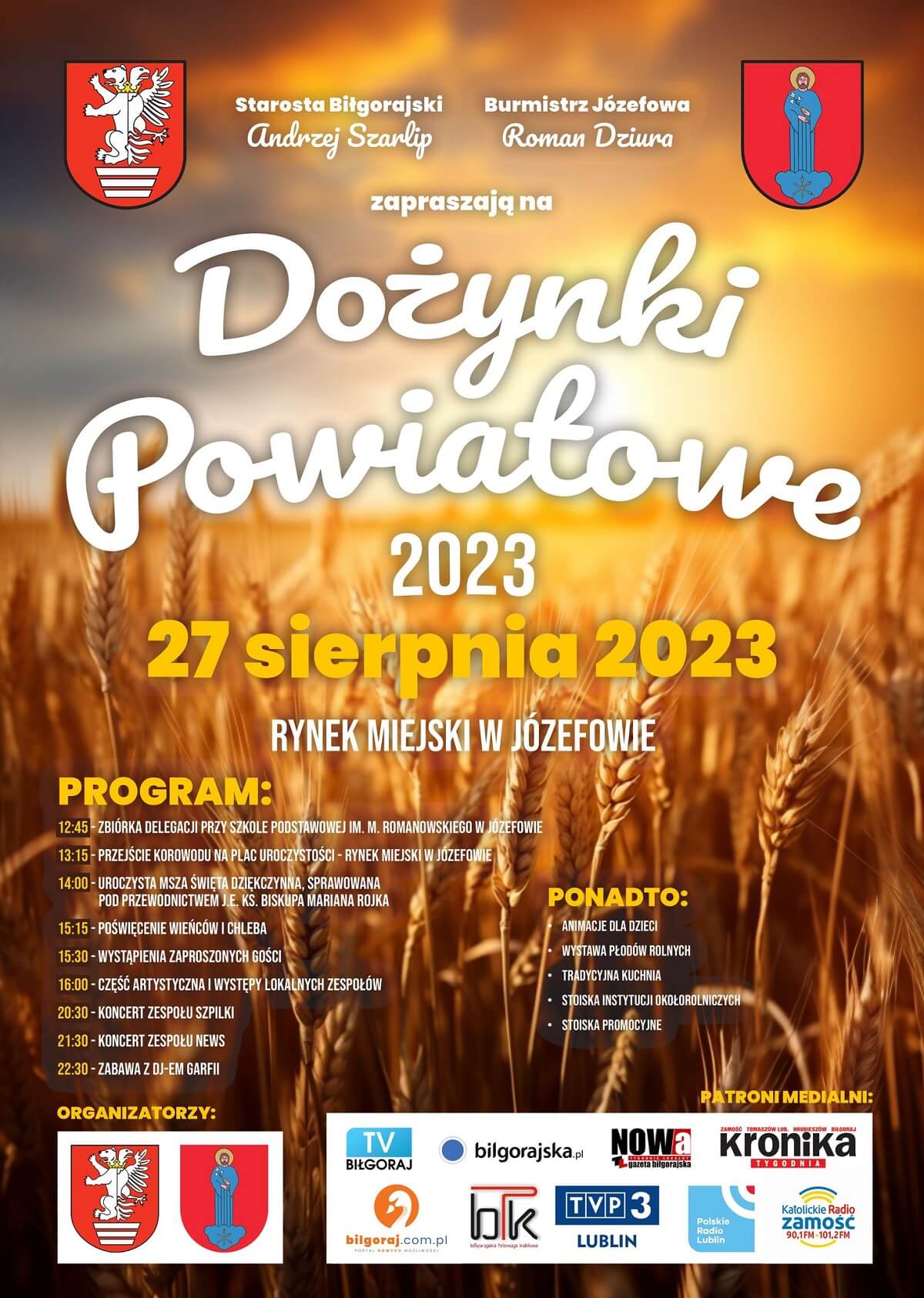 Dożynki w Józefowie 2023. Wystąpią: Szpilki, News 1 Dożynki powiatu biłgorajskiego w Józefowie 2023 - plakat, program wydarzenia