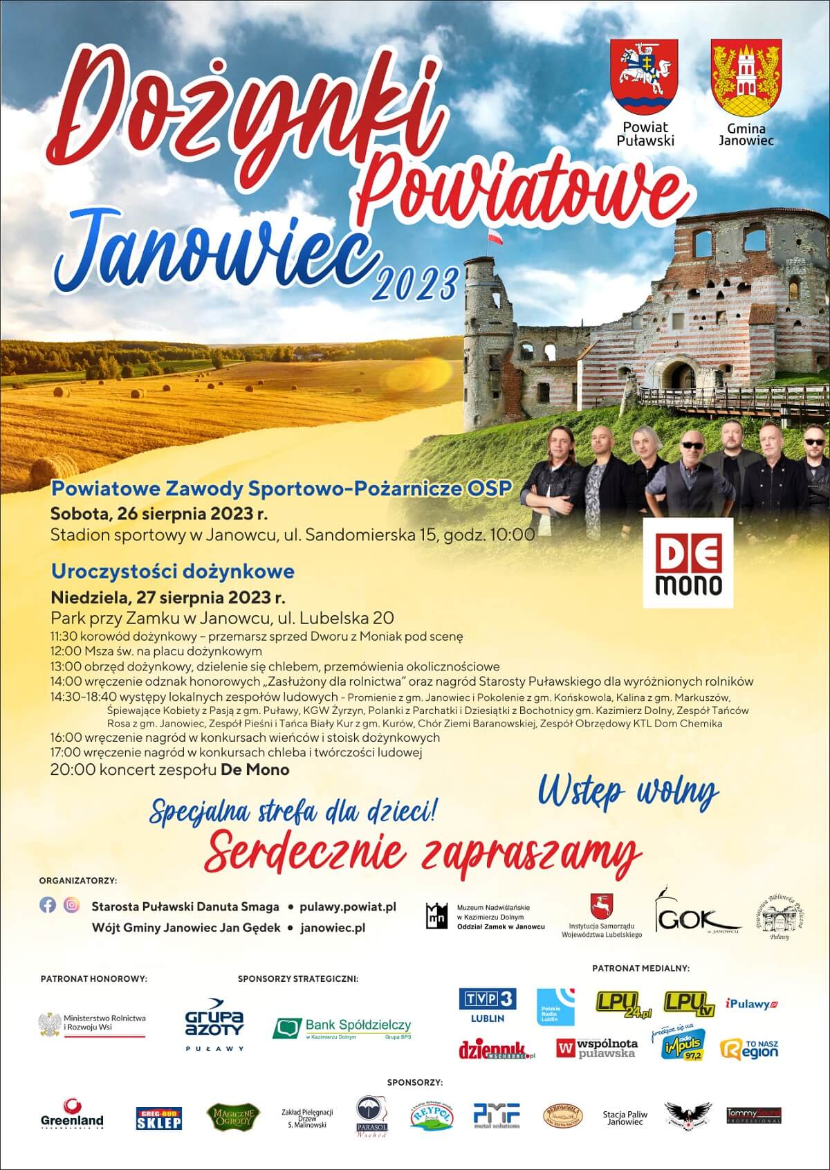 Dożynki w Janowcu 2023. Gwiazdą imprezy zespół De Mono 1 Dożynki powiatu puławskiego w Janowcu 2023 - plakat, program wydarzenia