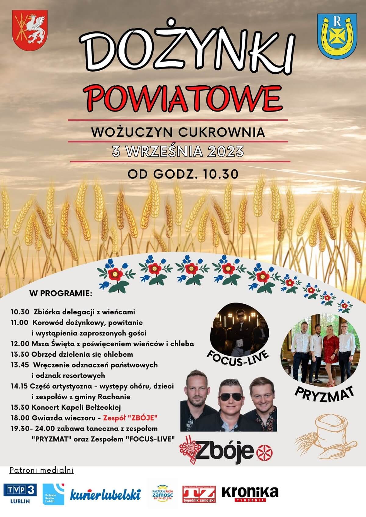 Dożynki w Wożuczynie-Cukrowni 2023. Gwiazdą wieczoru zespół Zbóje 1 Dożynki powiatu tomaszowskiego w Wożuczynie-Cukrowni 2023 - plakat, program wydarzenia