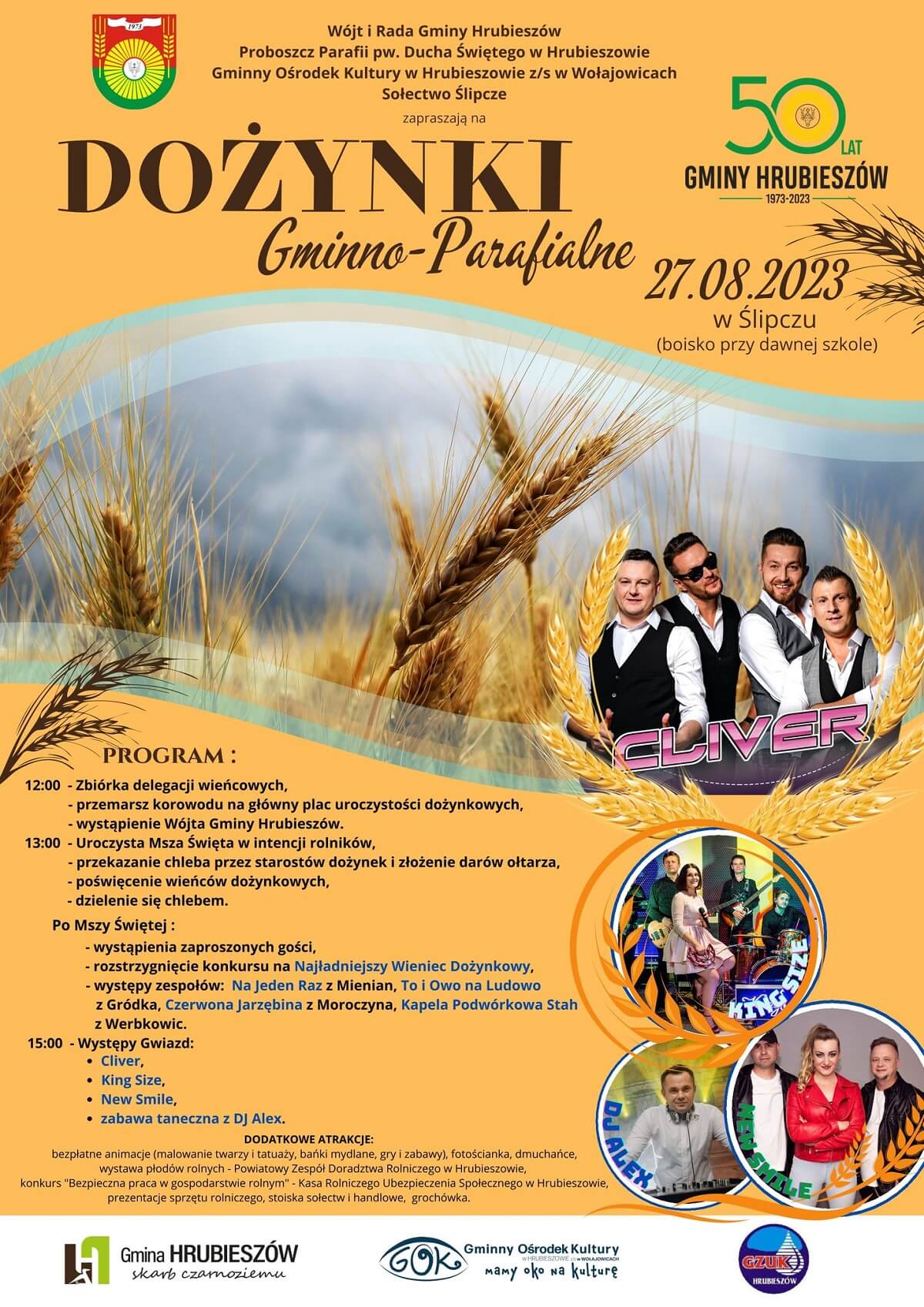 Dożynki w Ślipczu 2023. Wystąpią: Cliver, King Size, New Smile 1 Dożynki w Ślipczu 2023 - plakat, program wydarzenia