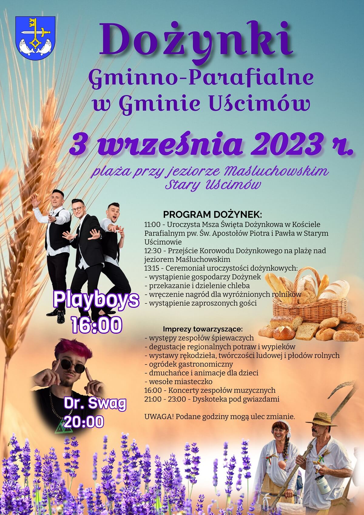 Dożynki w Starym Uścimowie 2023. Wystąpią: Playboys, Dr. SWAG 1 Dożynki w Starym Uścimowie 2023 - plakat, program