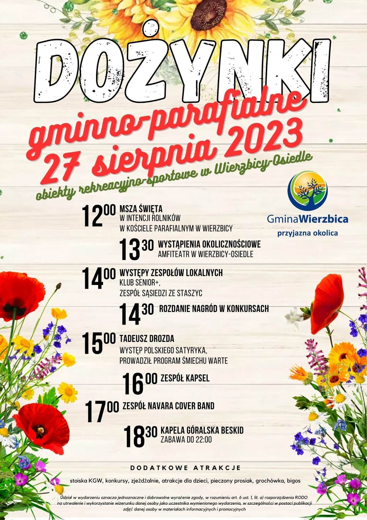 Dożynki w Wierzbicy-Osiedle 2023. Wystąpią: Tadeusz Drozda i Kapela Góralska Beskid 1 Dożynki w Wierzbicy-Osiedle 2023 - plakat, program wydarzenia