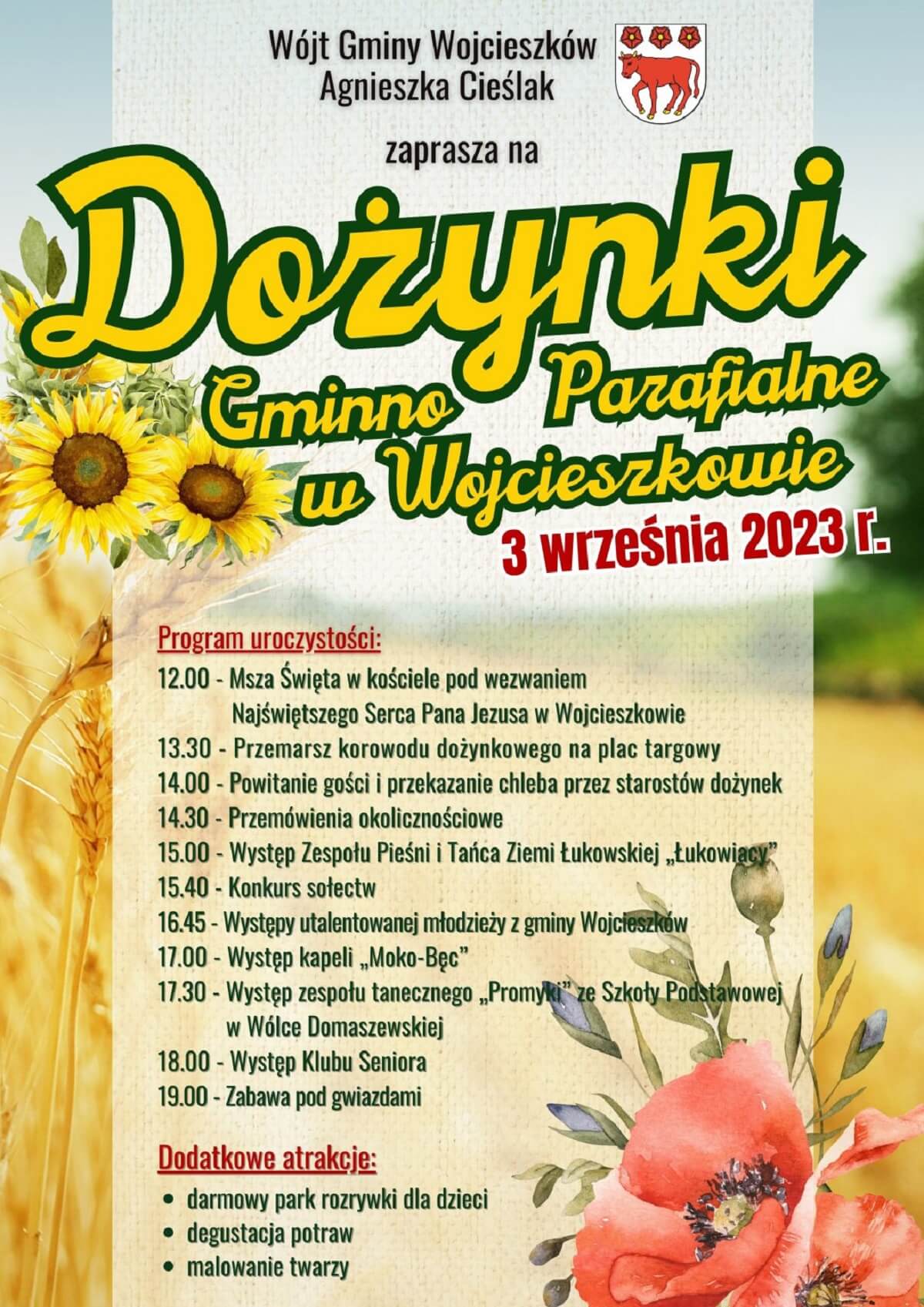 Dożynki w Wojcieszkowie 2023. Występy artystyczne, atrakcje dla najmłodszych 1 Dożynki w Wojcieszkowie 2023 - plakat, program wydarzenia