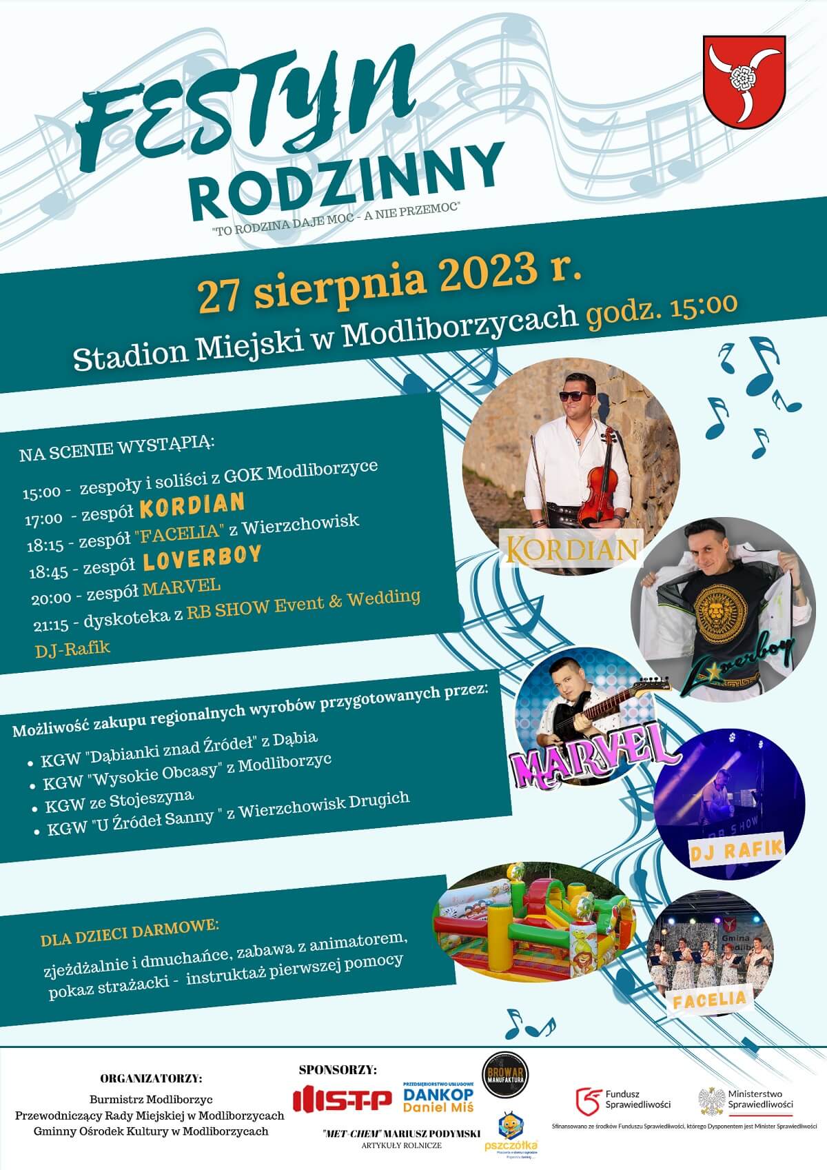 Festyn Rodzinny w Modliborzycach 2023. Wystąpią: Kordian, Loverboy, Marvel 1 Festyn Rodzinny w Modliborzycach 2023 - plakat, program wydarzenia