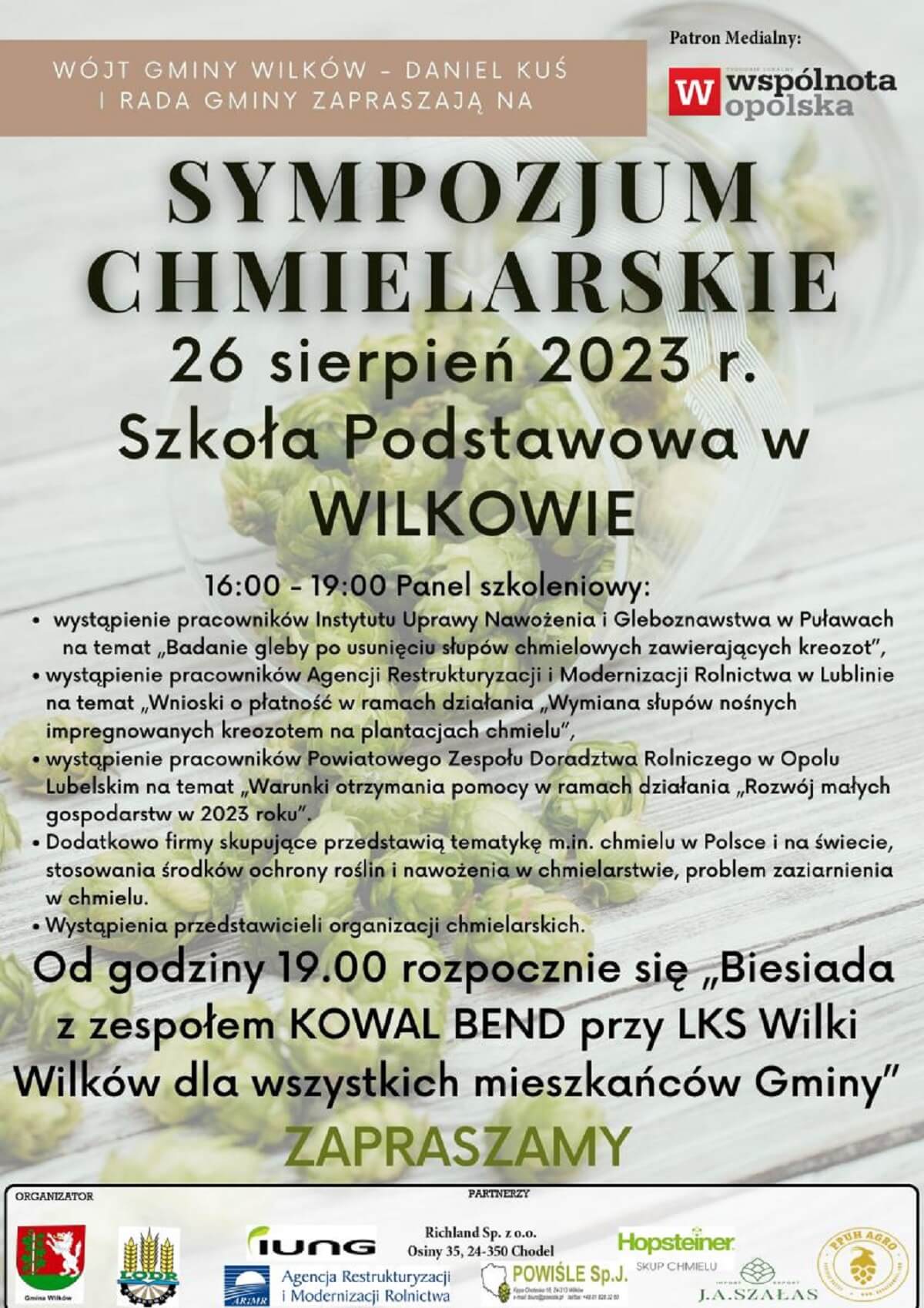 Sympozjum Chmielarskie w Wilkowie 2023. Biesiada z zespołem Kowal Bend 1 Sympozjum Chmielarskie w Wilkowie 2023 - plakat, program wydarzenia