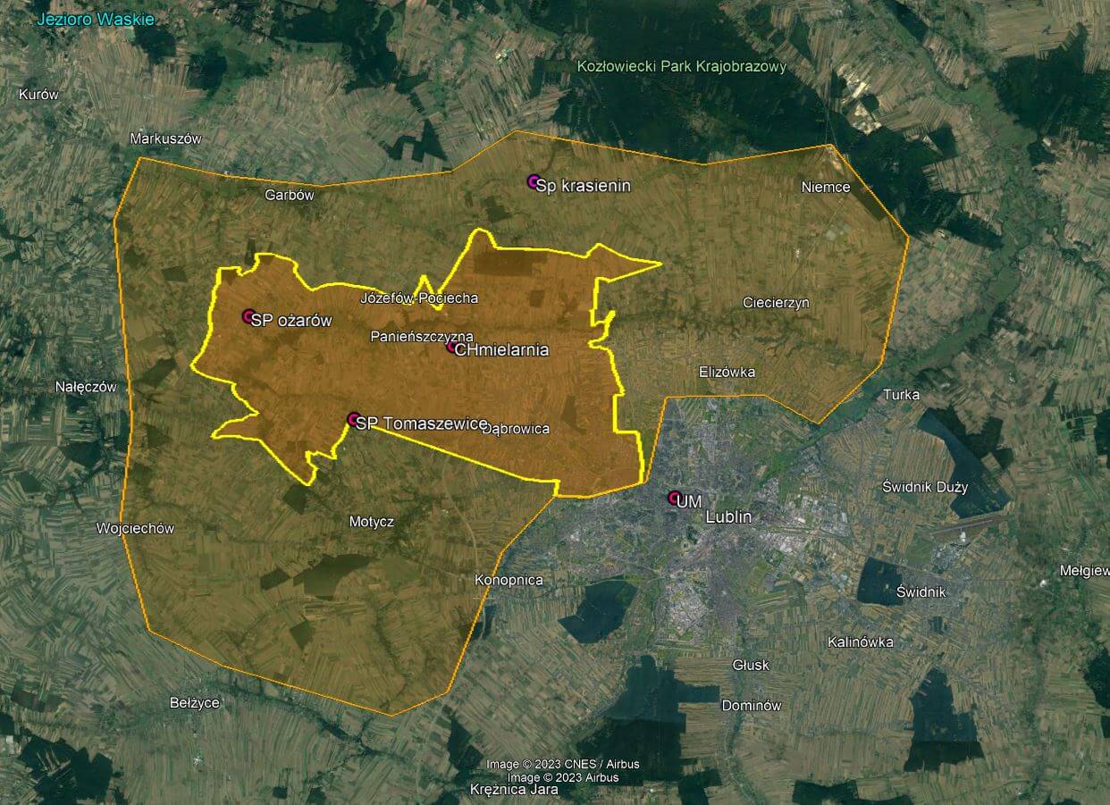 Drony w najbliższych tygodniach opanują niebo nad Lublinem i okolicą. Operatorami bezzałogowców będą doświadczeni piloci 1 Mapka z zaznaczonym obszarem Lublina i Gminy Jastków objętym oblotami - obszar podstawowy i rozszerzony