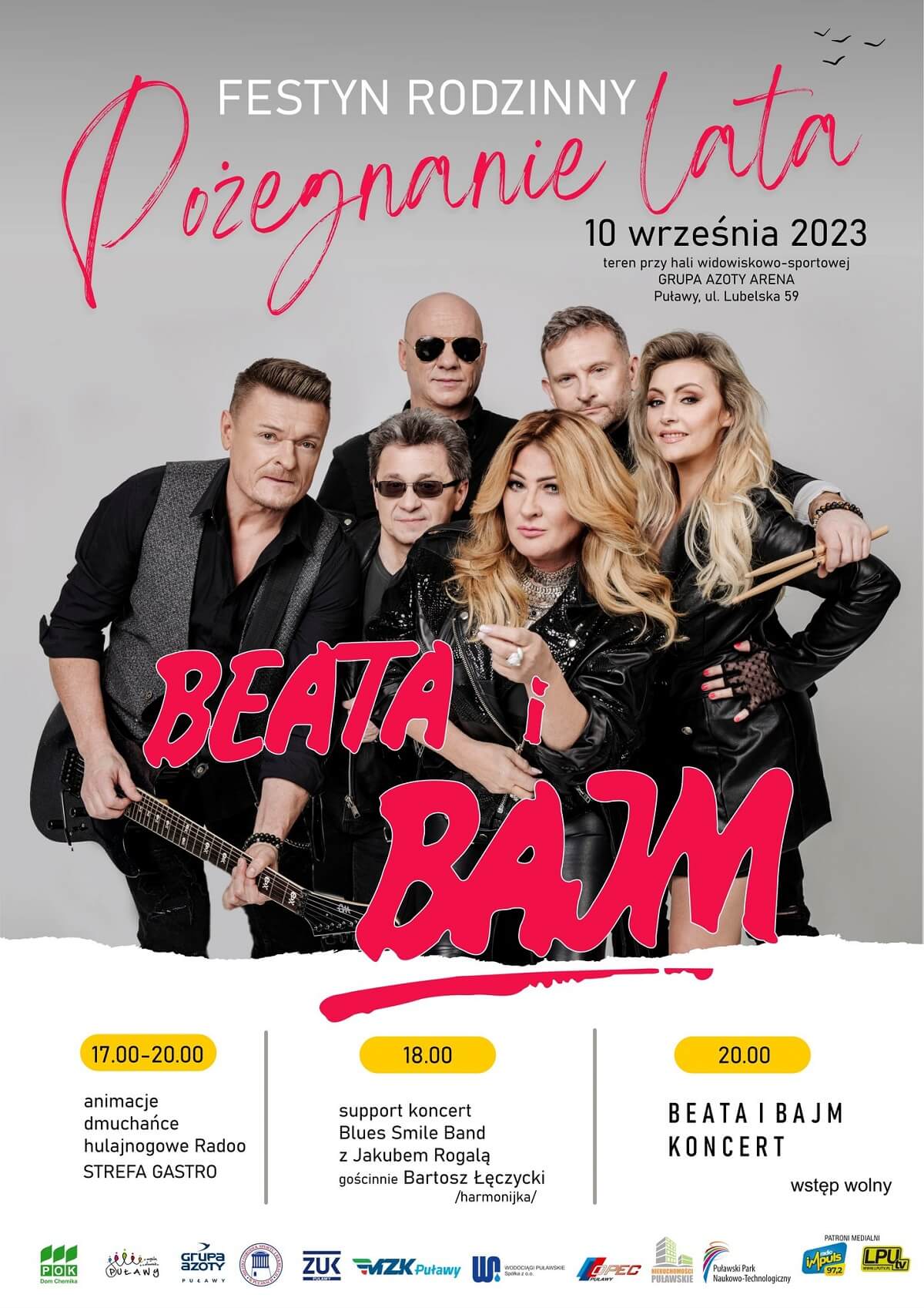 Pożegnanie Lata w Puławach 2023. Gwiazdą imprezy Beata i Bajm 1 Festyn Pożegnanie Lata w Puławach 2023 - plakat, program wydarzenia