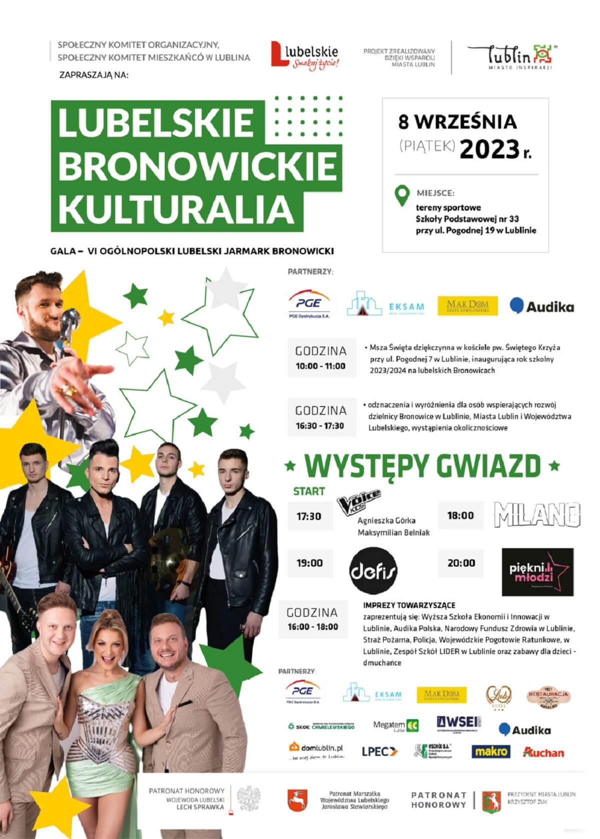 Lubelskie Bronowickie Kulturalia 2023. Wystąpią: Defis, Milano, Piękni i Młodzi 1 Lubelskie Bronowickie Kulturalia 2023 - plakat, program wydarzenia