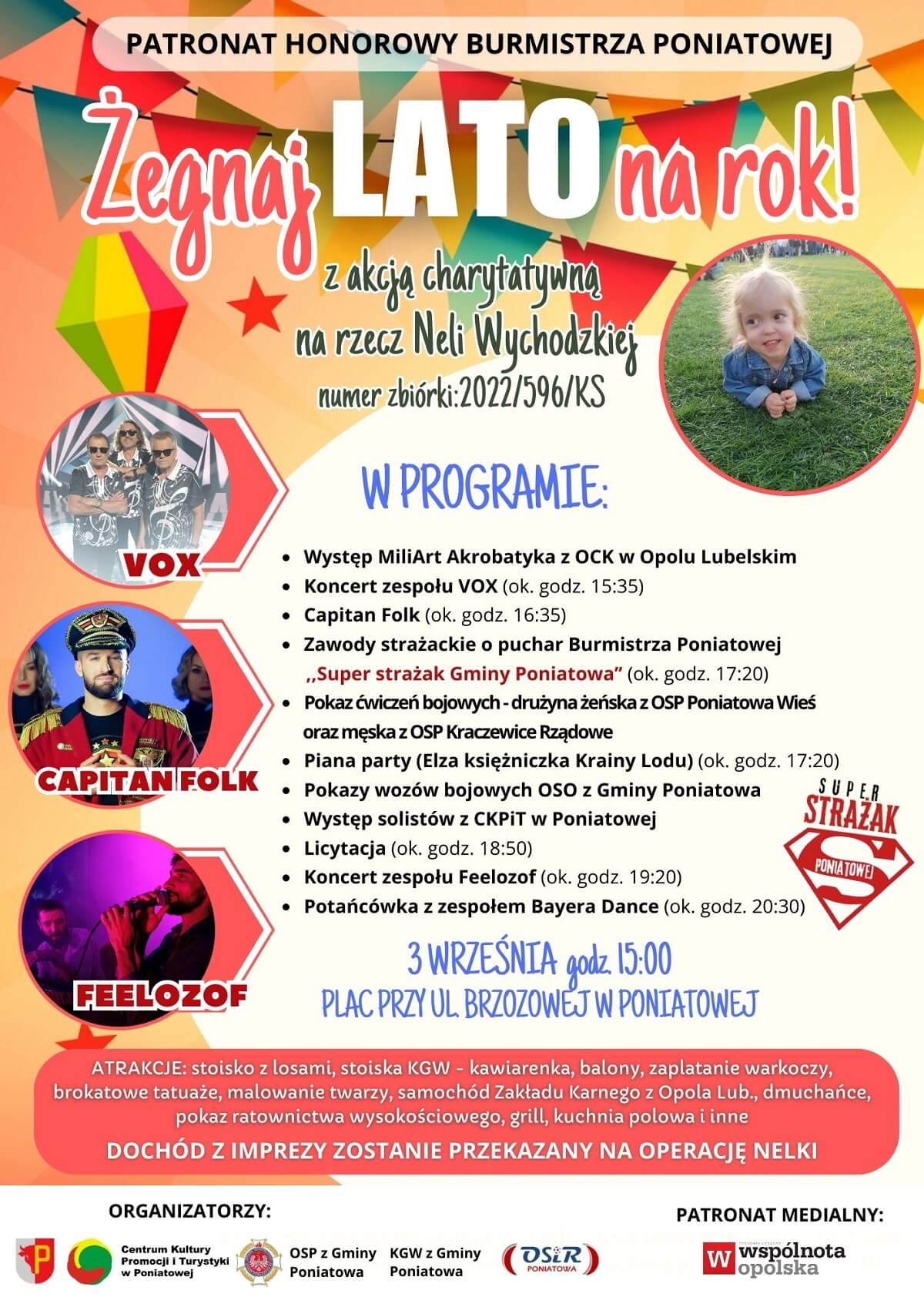 Pożegnanie Lata w Poniatowej 2023. Wstąpią: Capitan Folk, VOX, Feelozof 1 Pożegnanie lata w Poniatowej 2023 - plakat, program wydarzenia