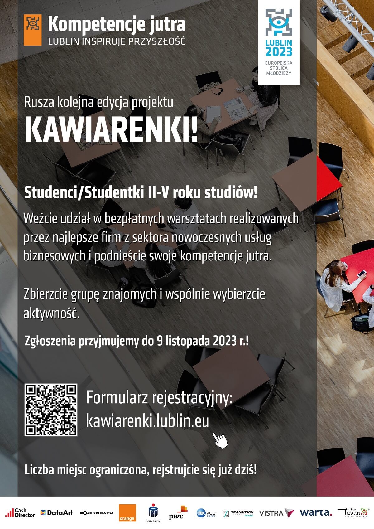 "Kawiarenki" Miasto zachęca młodych do aplikowania na praktyki, staże i oferty pracy dostępne w Lublinie 2 Kawiarenki - kompetencje jutra plakat | fot, Miasto Lublin