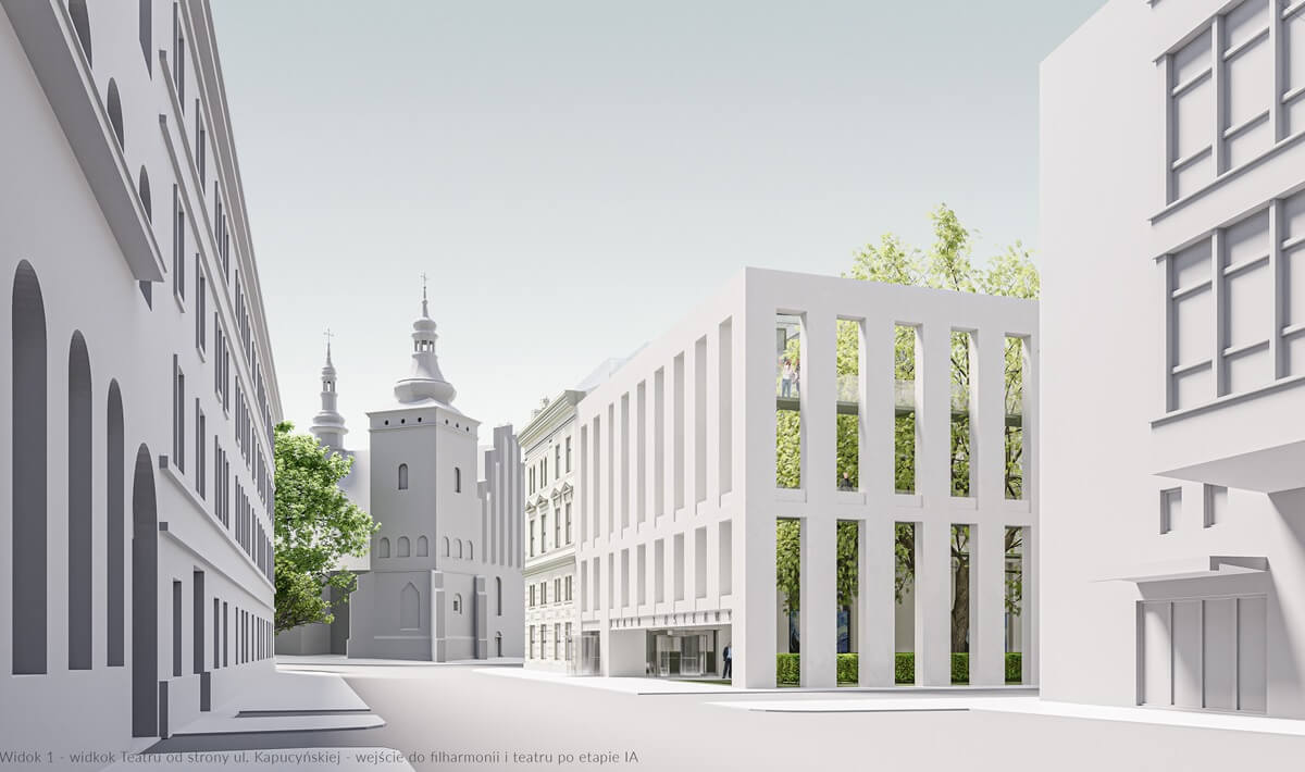 Tak może wyglądać Teatr im. Juliusza Osterwy po przebudowie. Zieleń na dachu, ogród w miejscu parkingu 1 Widok Teatru Osterwy od strony ul. Kapucyńskiej - wejście do filharmonii i teatru po etapie I