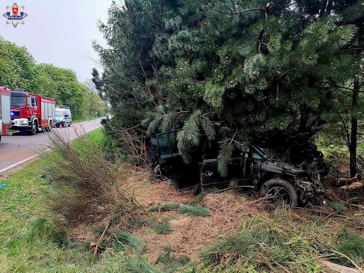 Na prostej drodze zjechał na pobocze i uderzył w drzewo. Strażacy musieli rozcinać karoserię 1 Auto zjechało na pobocze i uderzyło w drzewo