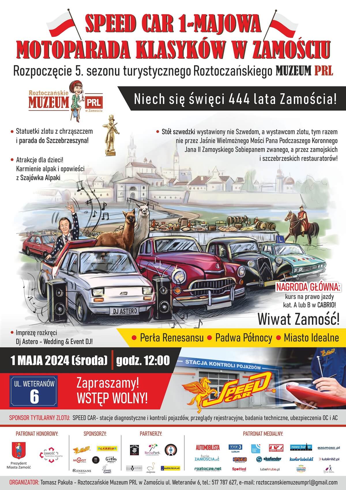 Roztoczańskie Muzeum PRL w Zamościu zaprasza miłośników motoryzacji na zlot pojazdów zabytkowych w Święto Pracy 1 plakat, zlot pojazdów zabytkowych, Speed Car 1-Majowa Motoparada Klasyków