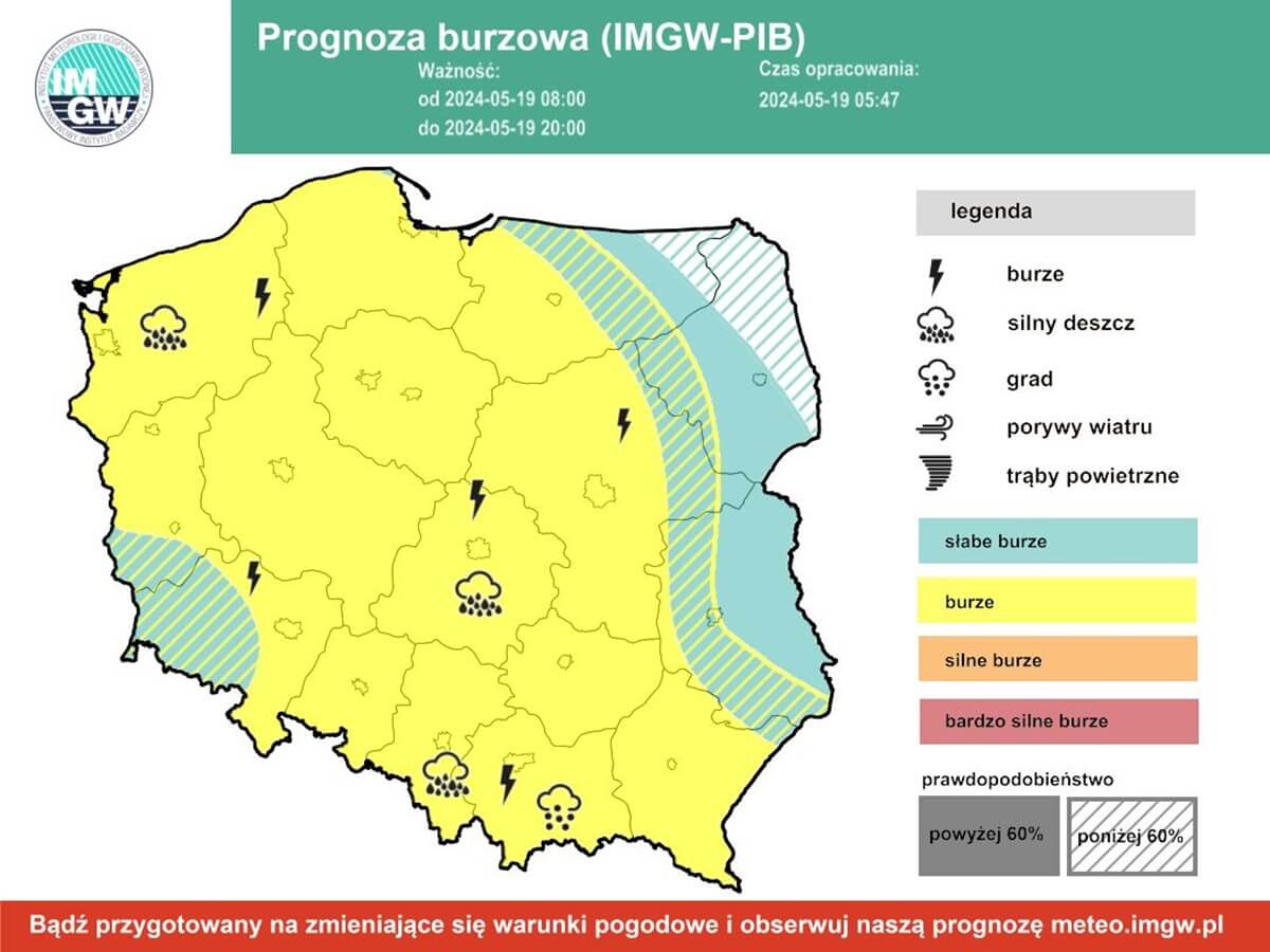 Prognoza burzowa IMGW na niedzielę, 19 maja 2024