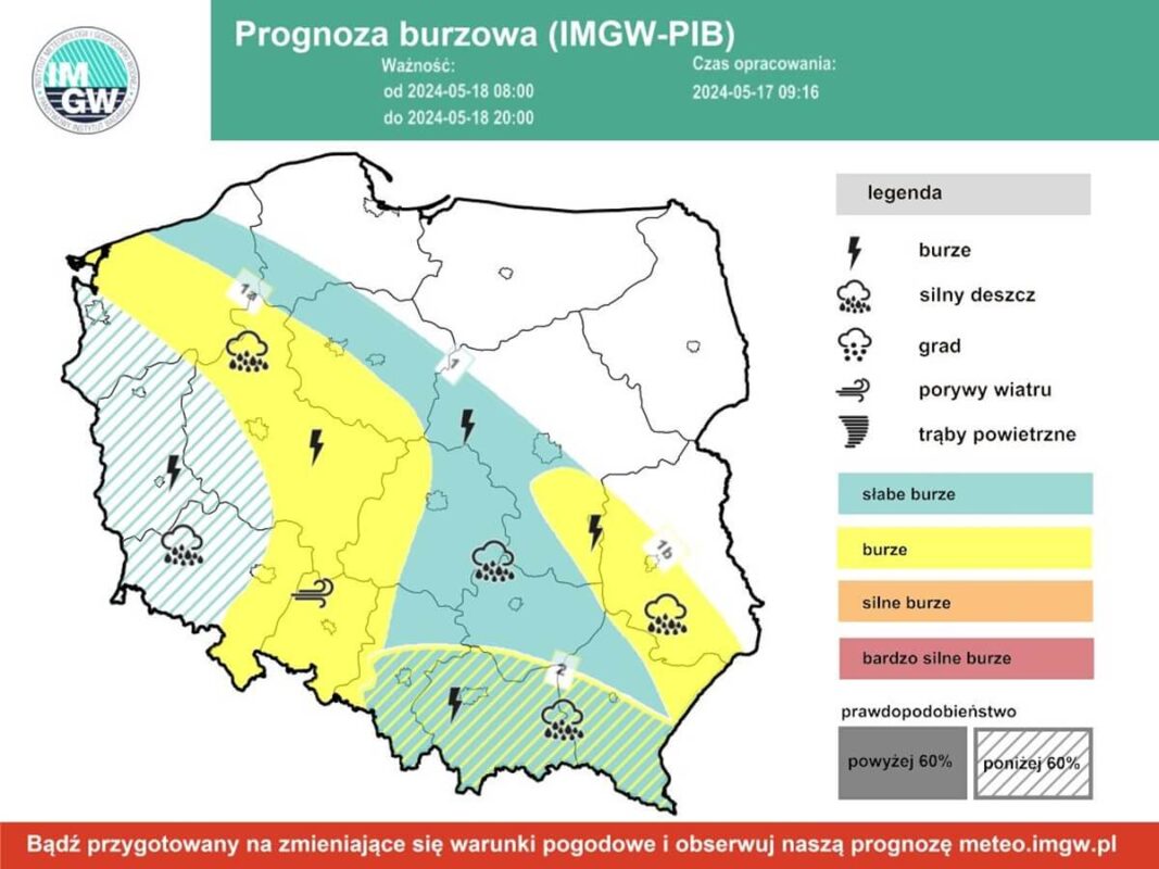 W końcu trochę popada i pogrzmi. Prognoza pogody na sobotę 1 Prognoza burzowa IMGW w sobotę, 18 maja 2024