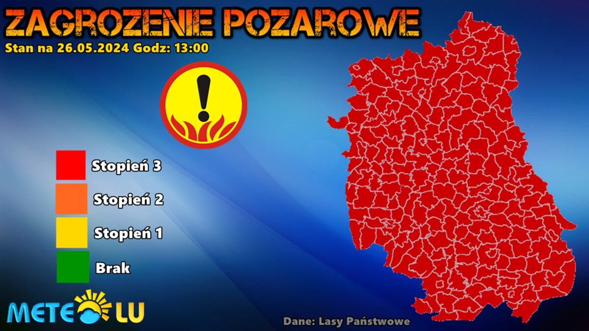 Potrzeba porządnego deszczu. W lubelskich lasach ekstremalne zagrożenie pożarowe! 1 Zagrożenie pożarowe w województwie lubelskim - 26.05.2024