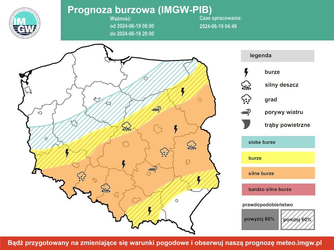 Późnym popołudniem i wieczorem mogą pojawić się silne burze! Ostrzeżenie drugiego stopnia wydane dla woj. lubelskiego 1 Prognoza burzowa IMGW na środę, 19 czerwca 2024