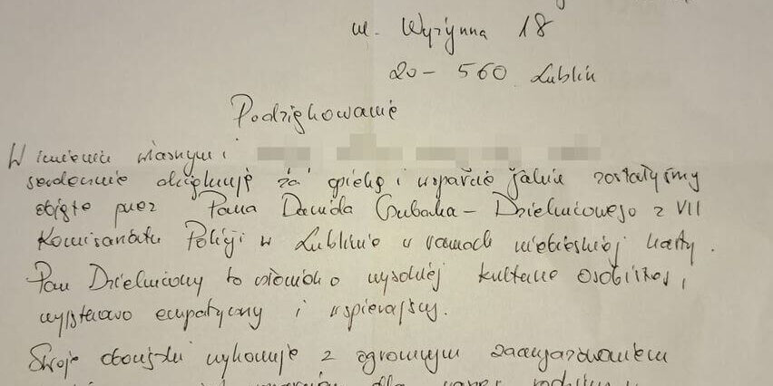 Dzielnicowy z Lublina doceniony za pomoc rodzinie w trudnej sytuacji 1 Podziękowanie dla dzielnicowego