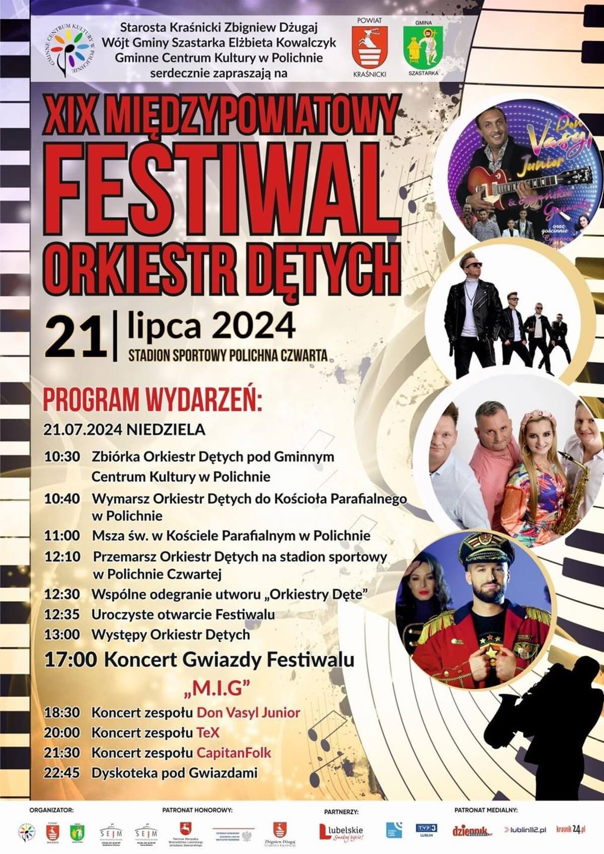 Festiwal Orkiestr Dętych w Polichnie 2024. Wystąpią: MIG, CapitanFolk czy Don Vasyl Junior 1 Międzypowiatowy Festiwal Orkiestr Dętych w Polichnie 2024 - program, plakat