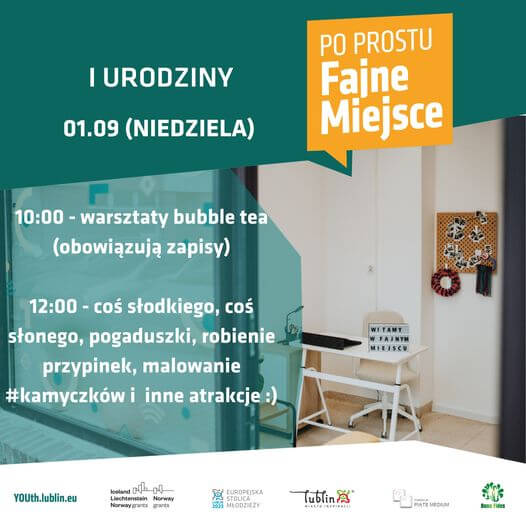 Świętuj pierwsze urodziny „Po prostu: Fajnego Miejsca” w Lublinie. Dużo atrakcji 1 Plakat Fajne Miejsce - Urodziny