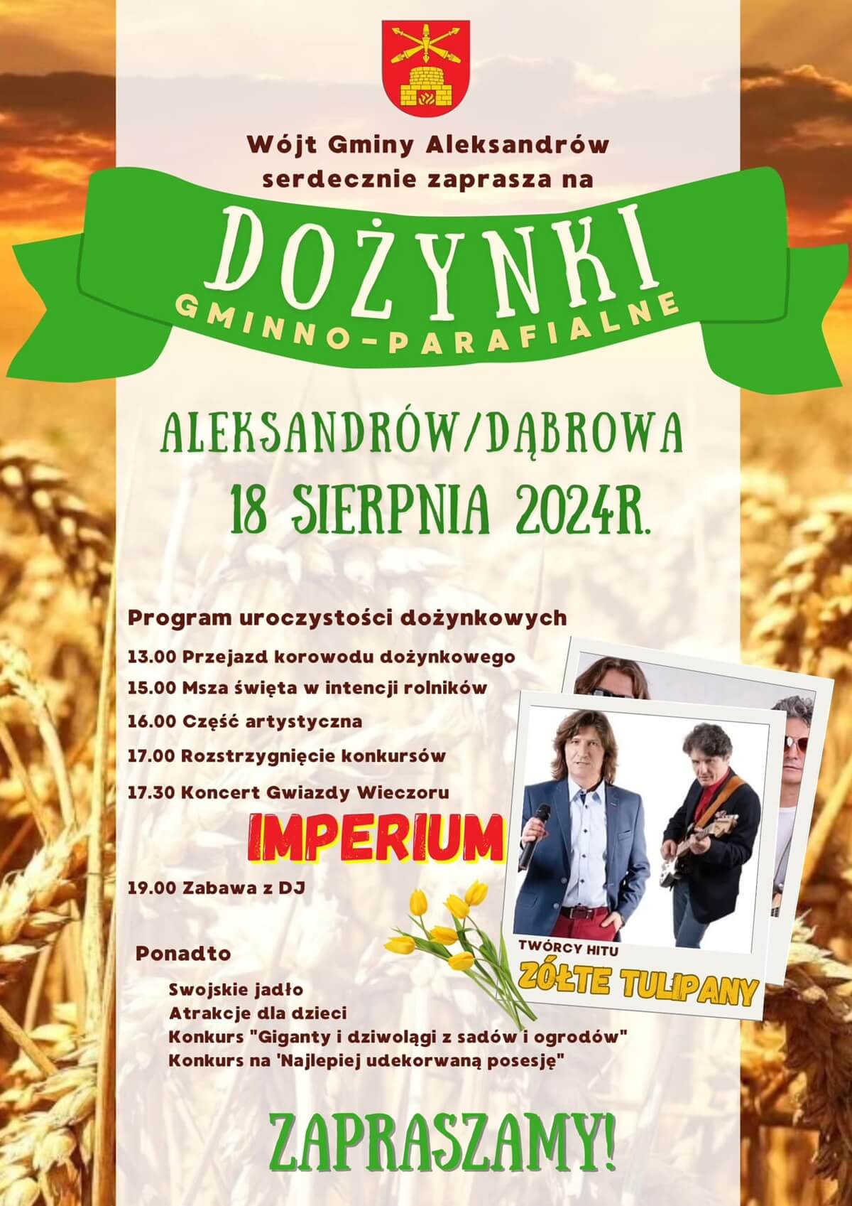 Dożynki w Dąbrowie 2024. Gwiazdą wieczoru Imperium. Zobacz godzinowy program 1 Dożynki w Dąbrowie 2024 - plakat, program wydarzenia