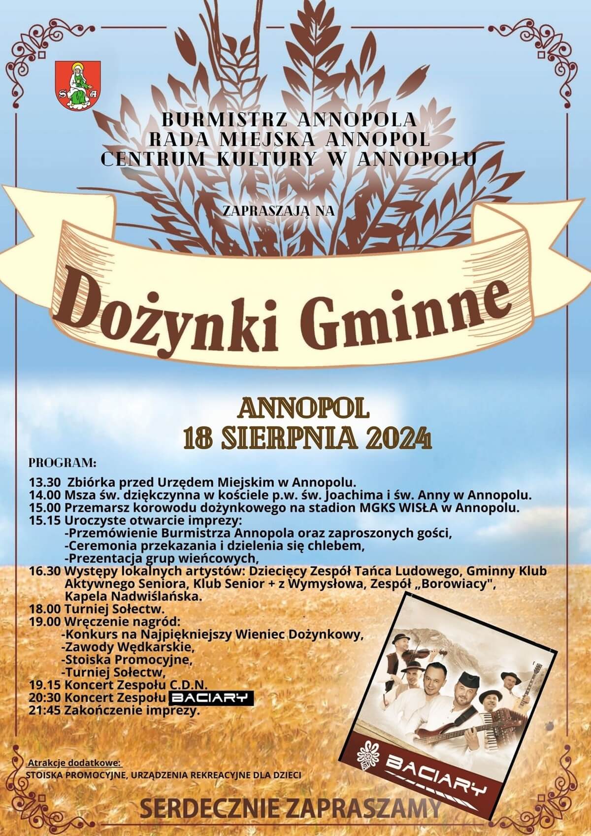 Dożynki w Annopolu 2024. Gwiazdą imprezy zespół Baciary. Zobacz godzinowy program 1 Dożynki w Annopolu 2024 - plakat, program wydarzenia