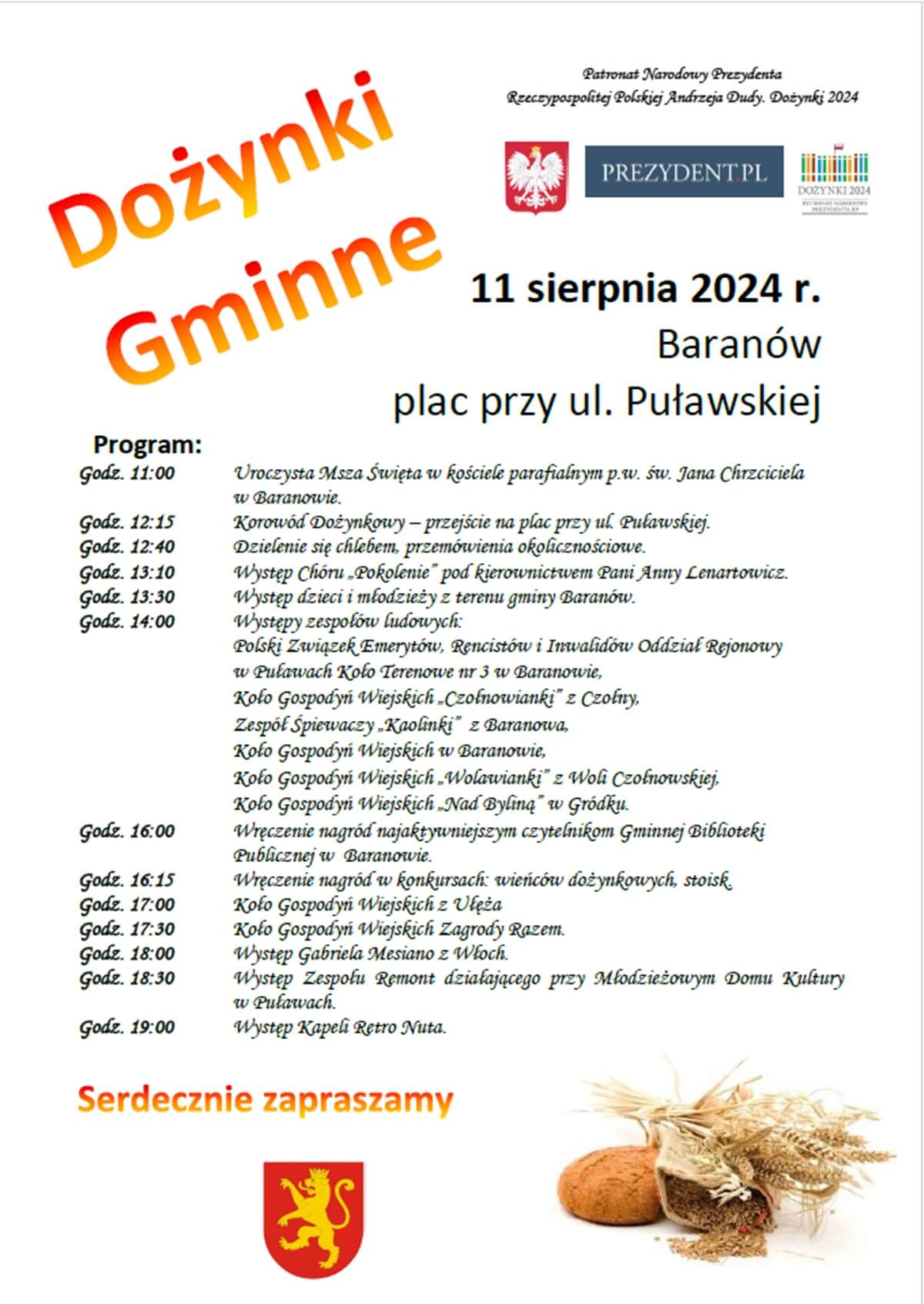 Dożynki w Baranowie 2024. W programie występy lokalnych artystów i zaproszonych zespołów 1 Dożynki w Baranowie - plakat, program wydarzenia