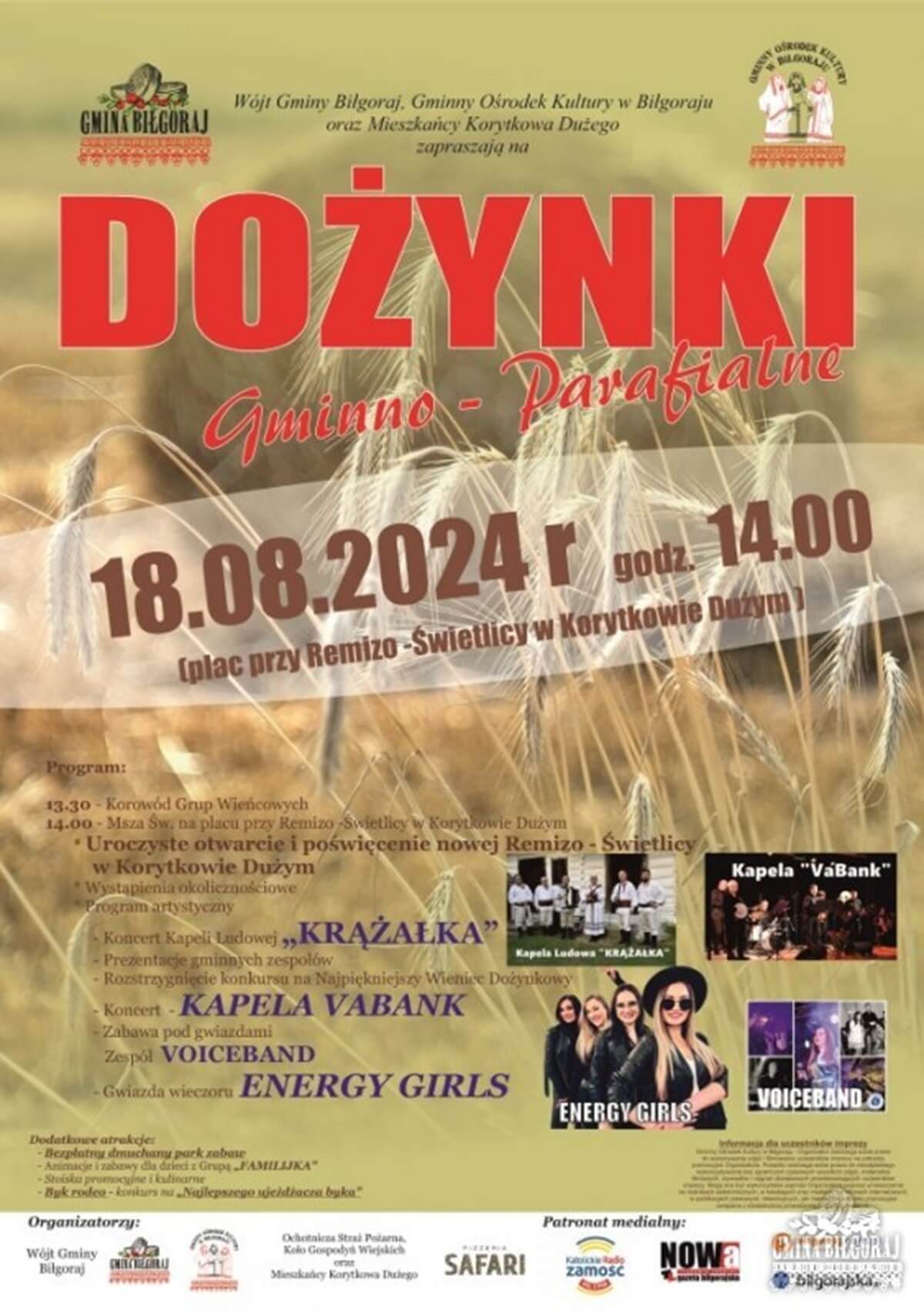Dożynki w Korytkowie Dużym 2024. Gwiazdą imprezy zespół Energy Girls. Zobacz godzinowy program 1 Dożynki w Korytkowie Dużym 2024 - plakat, program wydarzenia