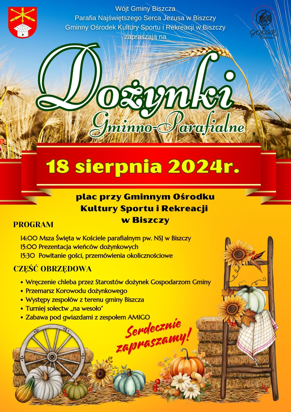 Dożynki w Biszczy 2024. Zabawa pod gwiazdami z zespołem Amigo. Zobacz godzinowy program 1 Dożynki w Biszczy 2024 - plakat, program wydarzenia