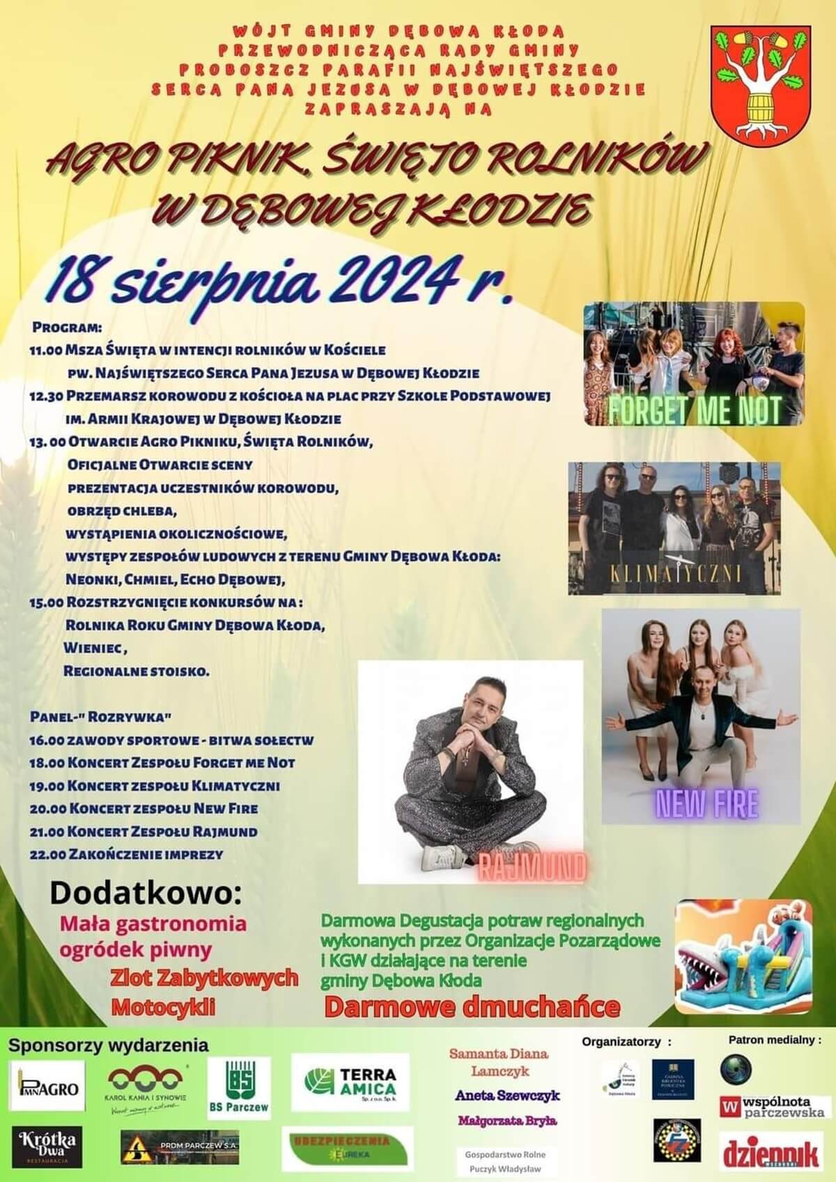 Dożynki w Dębowej Kłodzie 2024. Gwiazdą imprezy Rajmund. Zobacz godzinowy program 1 Dożynki w Dębowej Kłodzie 2024 - plakat, program wydarzenia