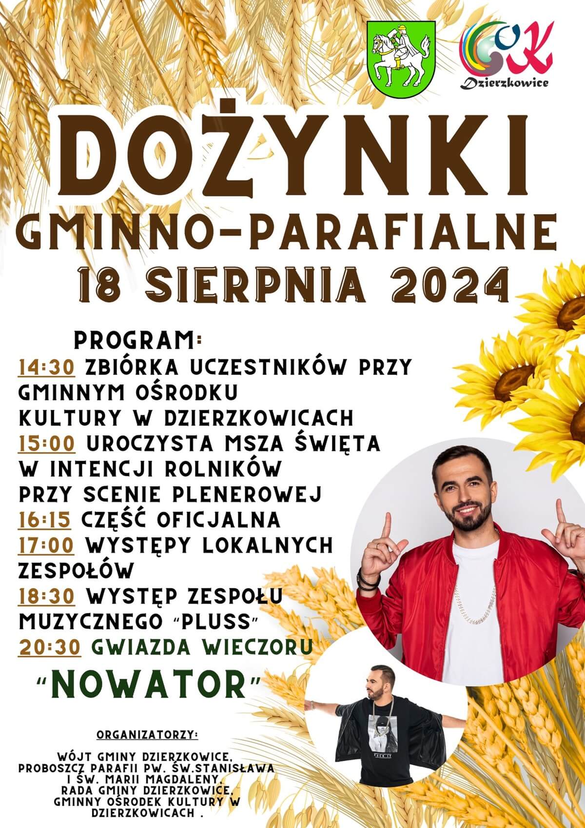 Dożynki w Dzierzkowicach 2024. Gwiazdą imprezy zespół Nowator. Zobacz godzinowy program 1 Dożynki w Dzierzkowicach 2024 - plakat, program wydarzenia