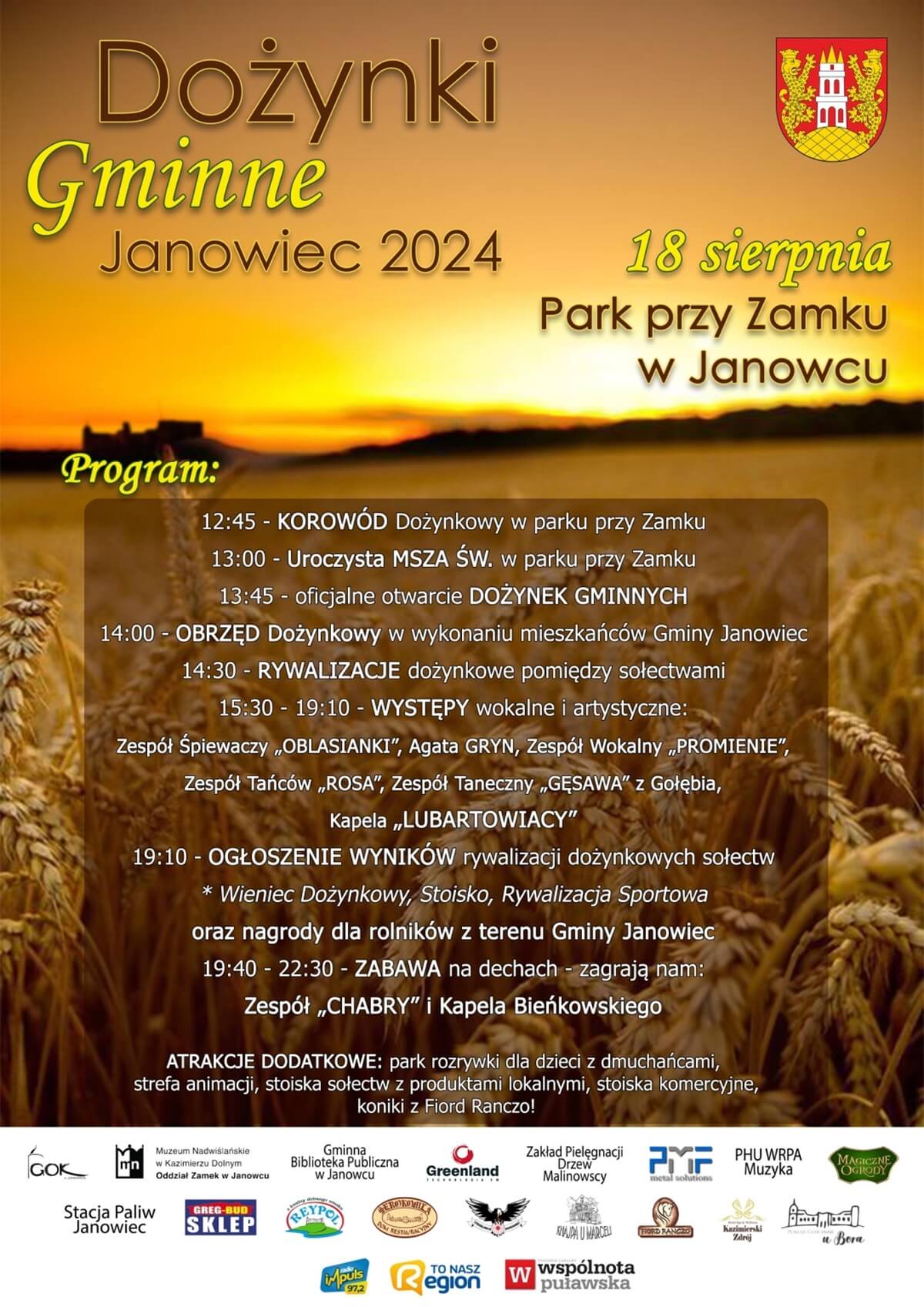 Dożynki w Janowcu 2024. Zabawa taneczna z zespołami. Zobacz godzinowy program 1 Dożynki w Janowcu 2024 - plakat, program wydarzenia