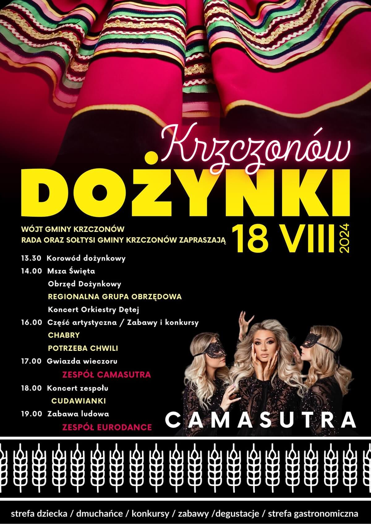 Dożynki w Krzczonowie 2024. Gwiazdą imprezy Camasutra. Zobacz godzinowy program 1 Dożynki w Krzczonowie 2024 - plakat, program wydarzenia