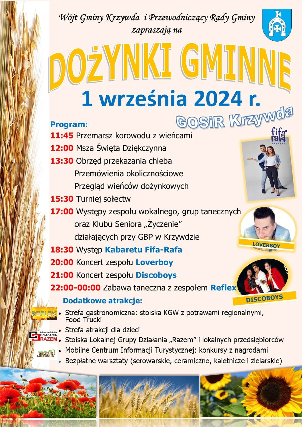 Dożynki w Krzywdzie 2024. Wystąpią: DiscoBoys i Loverboy. Zobacz godzinowy program 1 Dożynki w Krzywdzie 2024 - plakat, program wydarzenia