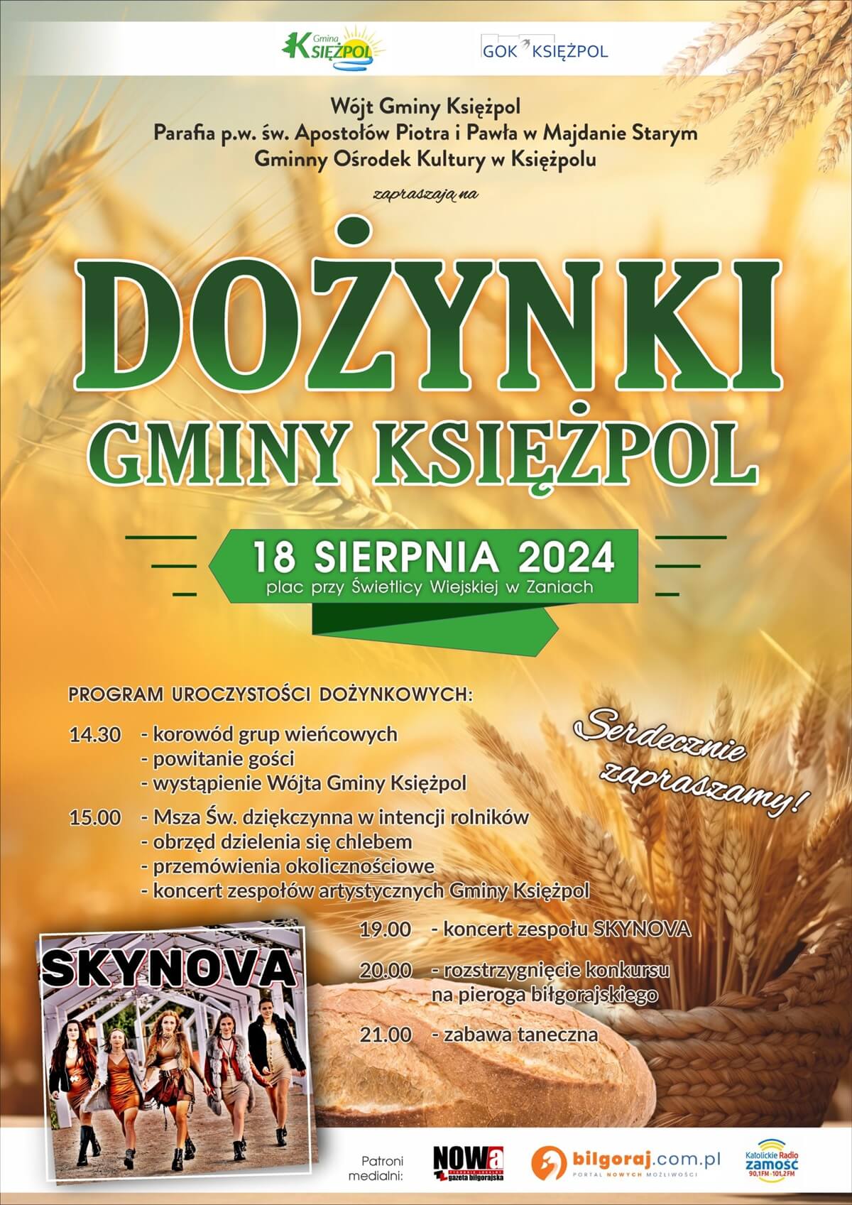 Dożynki w Zaniach 2024. Koncert zespołu Skynova. Zobacz godzinowy program 1 Dożynki w Zaniach 2024 - plakat, program wydarzenia