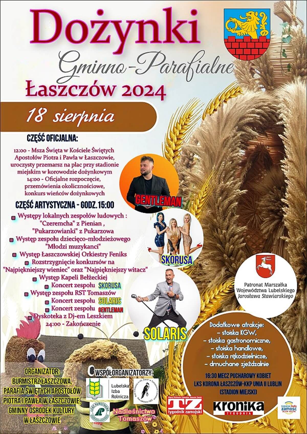 Dożynki w Łaszczowie 2024. Gwiazdą imprezy zespół Solaris. Zobacz godzinowy program 1 Dożynki w Łaszczowie 2024 - plakat, program wydarzenia
