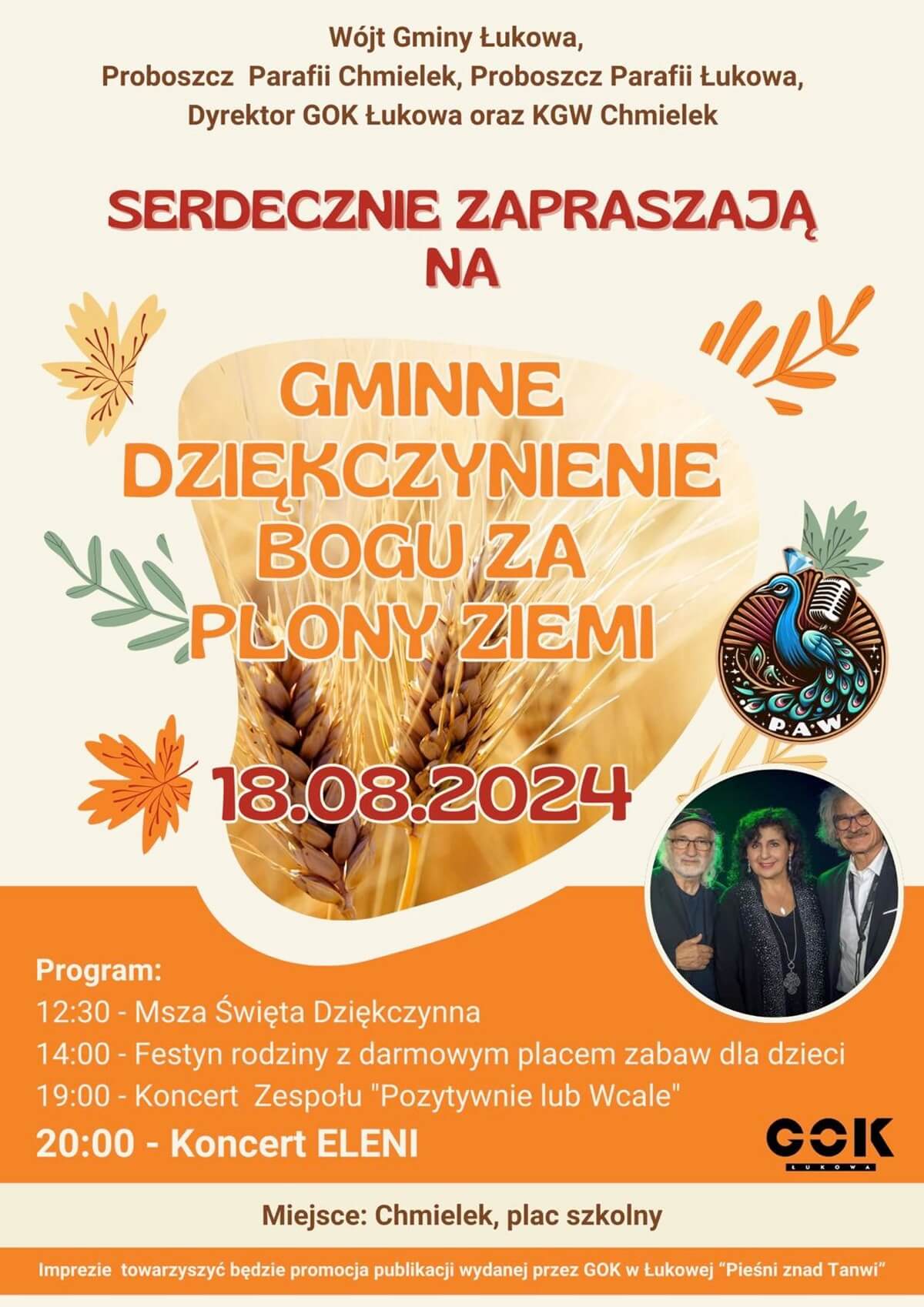 Dożynki w Chmielku 2024. Wystąpią: Eleni i Pozytywnie albo Wcale. Zobacz godzinowy program 1 Dożynki w Chmielku 2024 - plakat, program wydarzenia