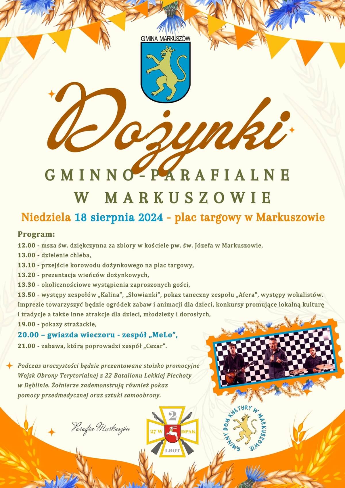 Dożynki w Markuszowie 2024. Gwiazdą imprezy zespół MeLo. Zobacz godzinowy program 1 Dożynki w Markuszowie 2024 - plakat, program wydarzenia