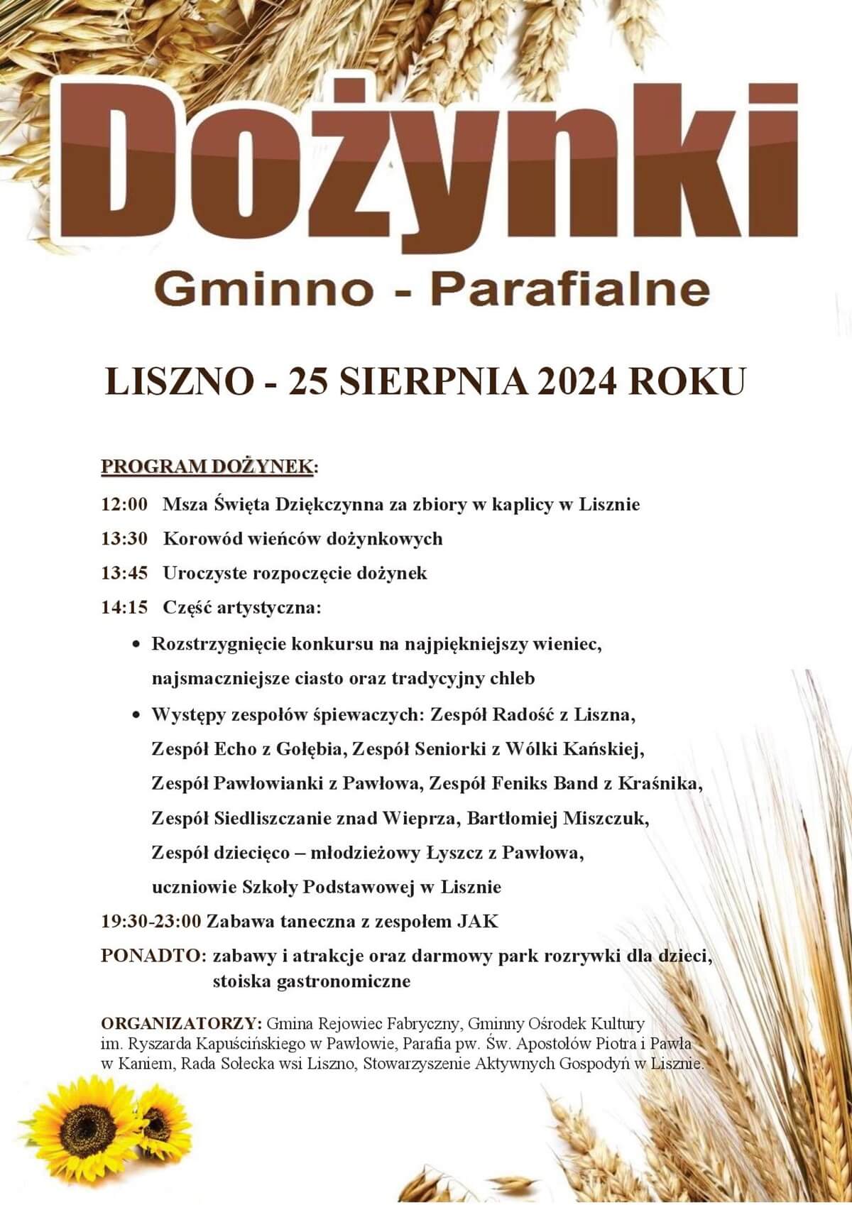 Dożynki w Lisznie 2024. Zabawa taneczna z zespołem JAK. Zobacz godzinowy program 1 Dożynki w Lisznie 2024 - plakat, program wydarzenia