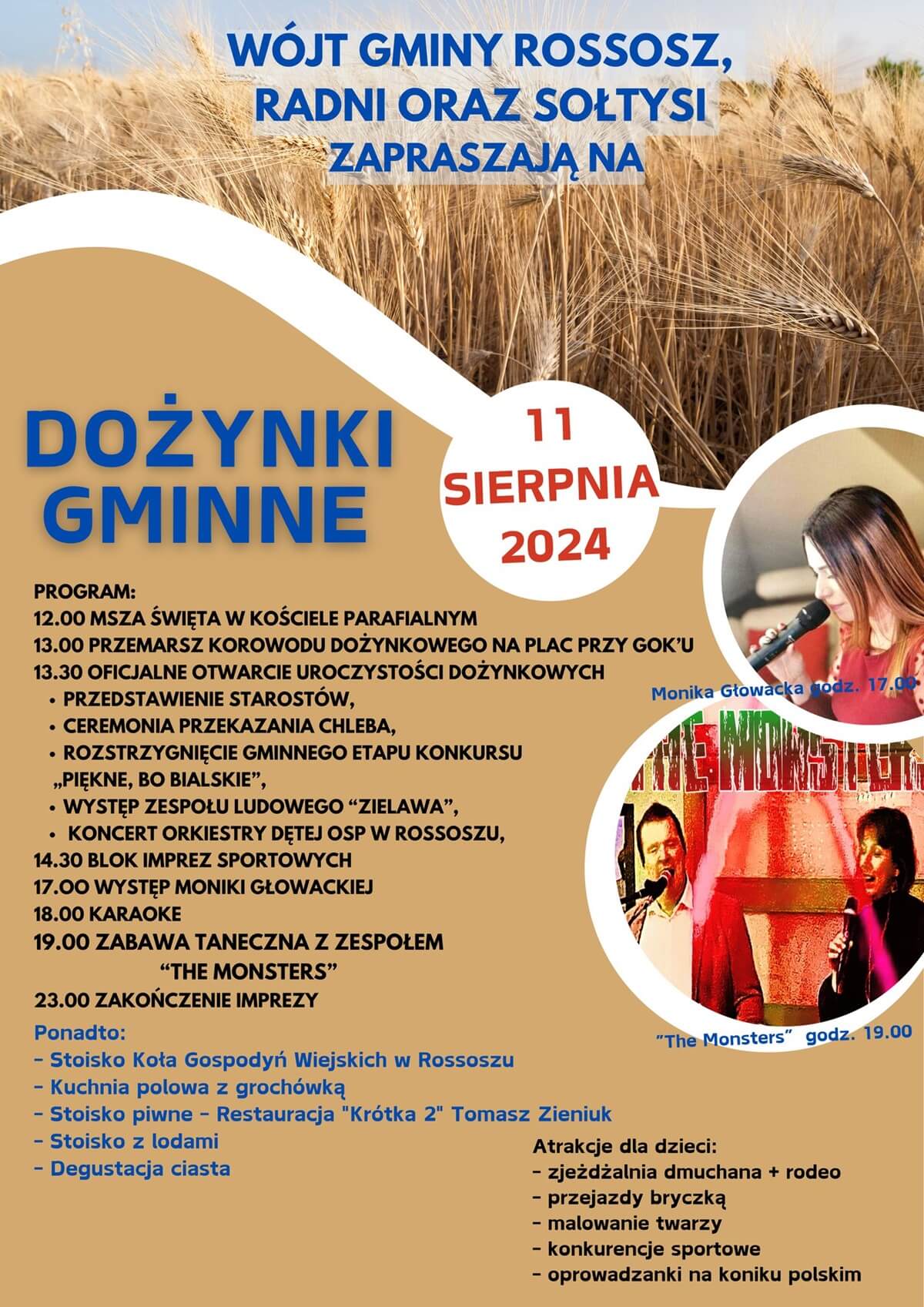 Dożynki w Rossoszu 2024. W programie występy lokalnych artystów i zaproszonych zespołów 1 Dożynki w Rossoszu 2024 - plakat, program wydarzenia