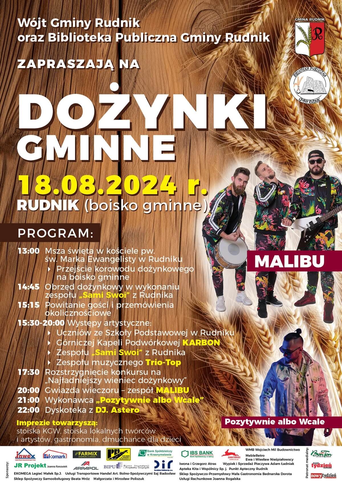 Dożynki w Rudniku 2024. Wystąpią: Malibu i Pozytywnie albo Wcale. Zobacz godzinowy program 1 Dożynki w Rudniku 2024 - plakat, program wydarzenia