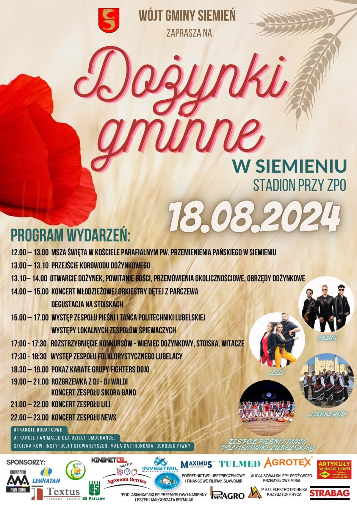 Dożynki w Siemieniu 2024. Koncert zespołów News i Lili. Zobacz godzinowy program 1 Dożynki w Siemieniu 2024 - plakat, program wydarzenia