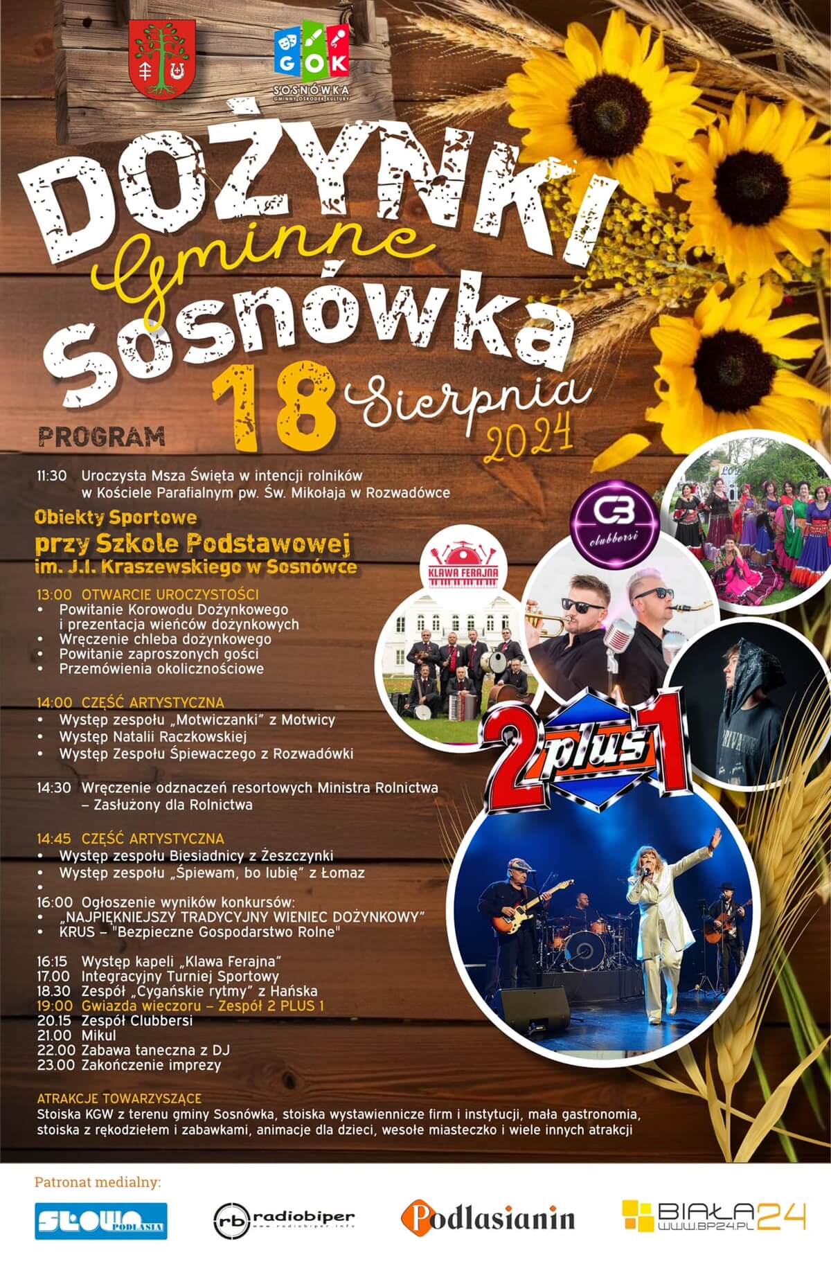 Dożynki w Sosnówce 2024. Gwiazdą wieczoru 2 plus 1. Zobacz godzinowy program 1 Dożynki w Sosnówce 2024 - plakat, program wydarzenia