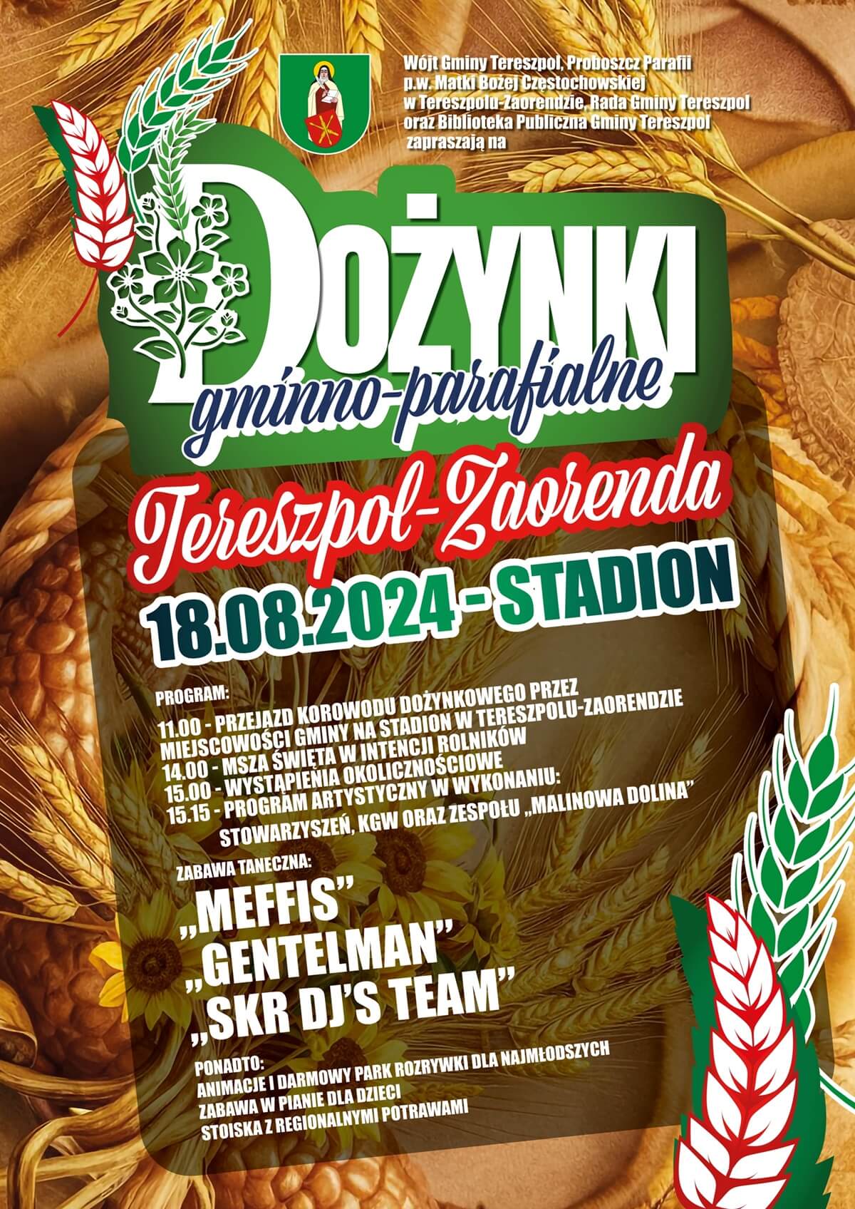 Dożynki w Tereszpolu 2024. Zabawa taneczna z zespołami. Zobacz godzinowy program 1 Dożynki w Tereszpolu 2024 - plakat, program wydarzenia