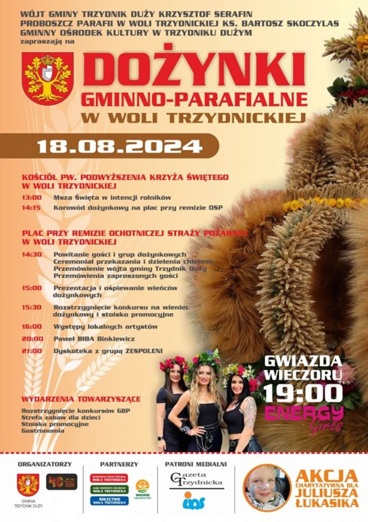 Dożynki w Woli Trzydnickiej 2024. Gwiazdą imprezy zespół Energy Girls. Zobacz godzinowy program 1 Dożynki w Woli Trzydnickiej 2024 - plakat, program wydarzenia